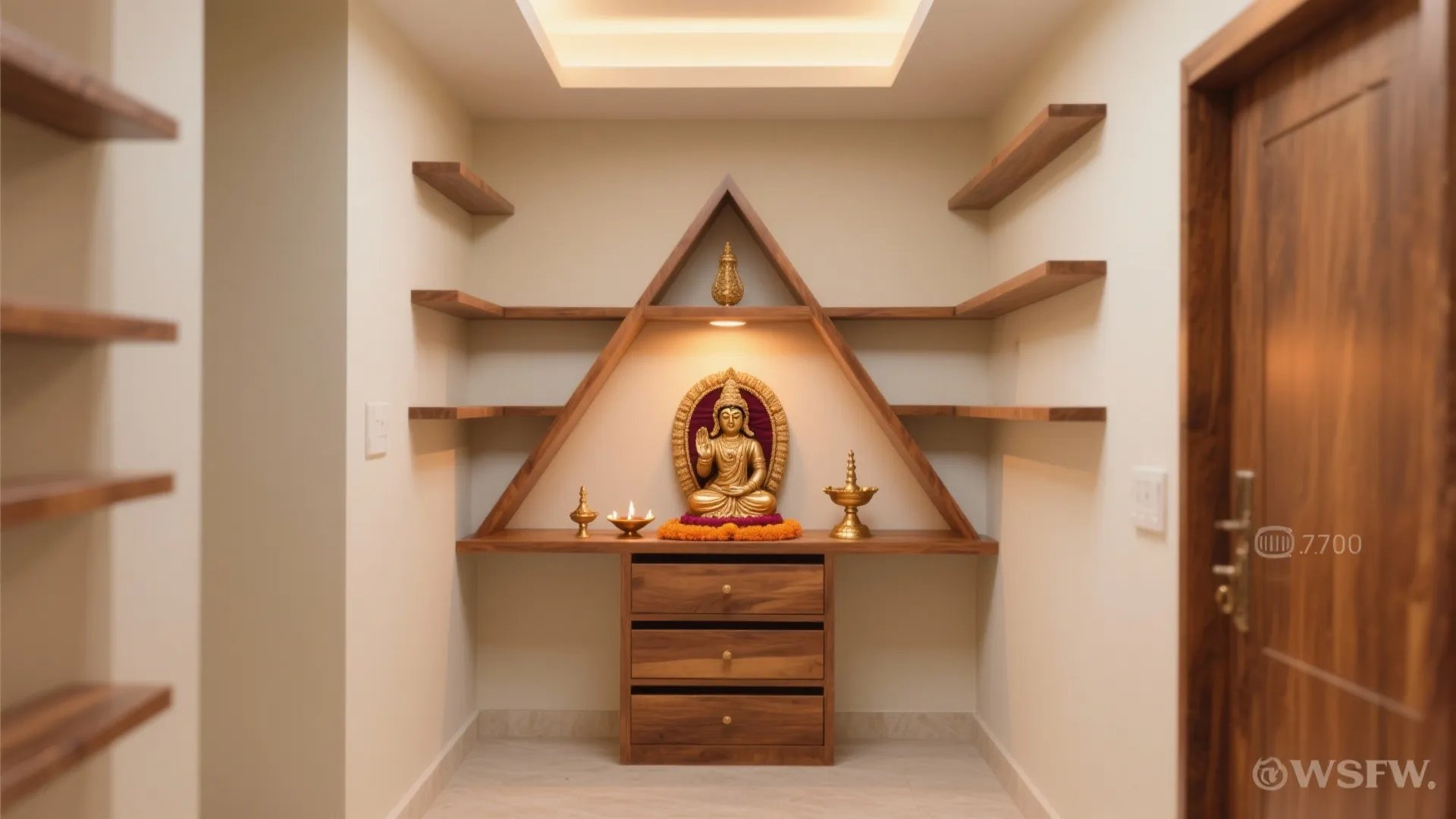 Modern prayer nook with golden statue inside triangular wooden frame featuring storage drawers and shelves