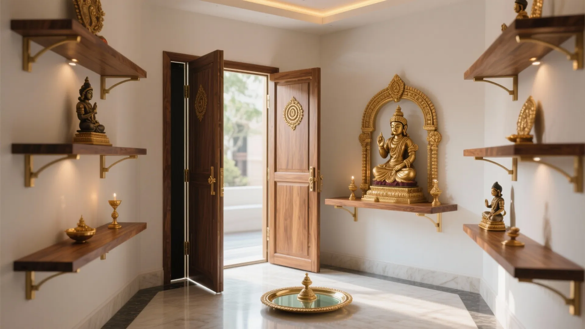 Interior prayer room with gold statues on wood shelves beside open wooden doors and floor