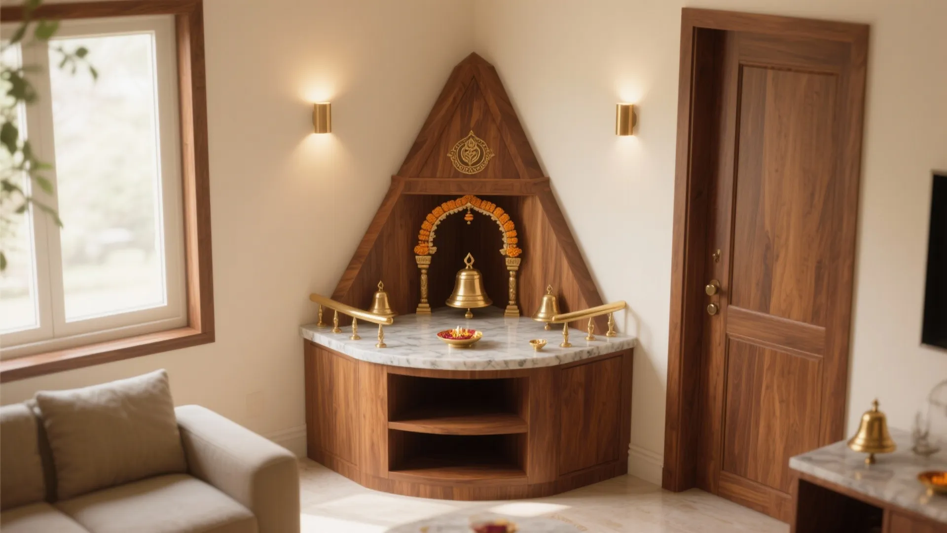 [
  {
    "url": "https://coohom-biz-sg-s3.coohom.com/ins/static/article/corner-mandir-1759577008200126000.jpg",
    "alt": "Wooden corner prayer cabinet with marble top gold bells wall lights window and grey sofa"
  }
]