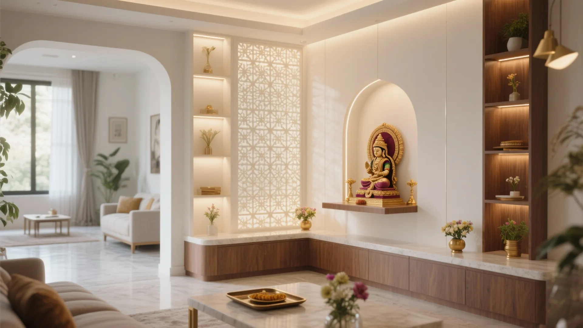 Modern living room featuring a wall niche with a golden statue and backlit patterned panel