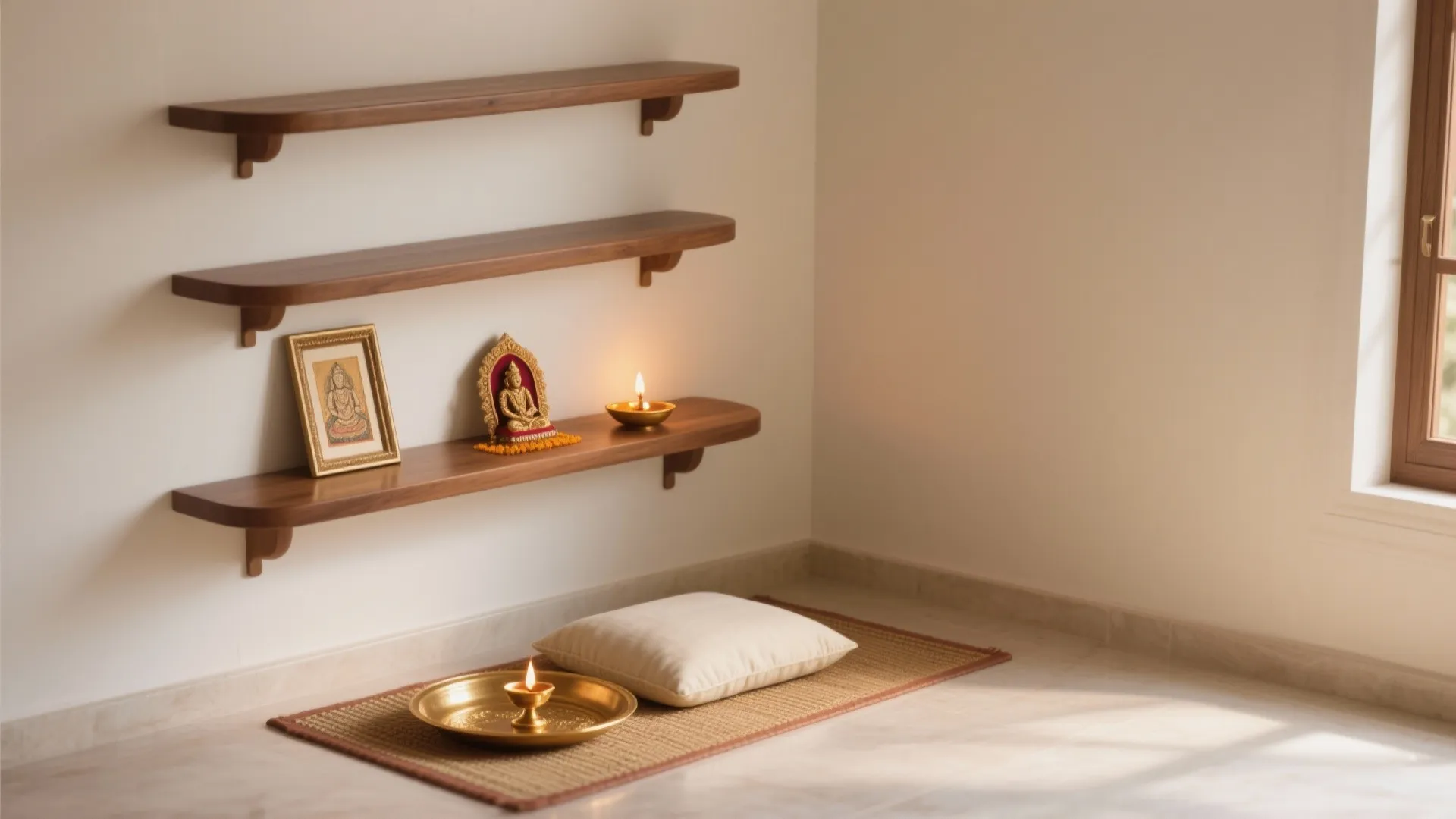 Three wooden wall shelves with a small statue plus a sitting mat and pillow below