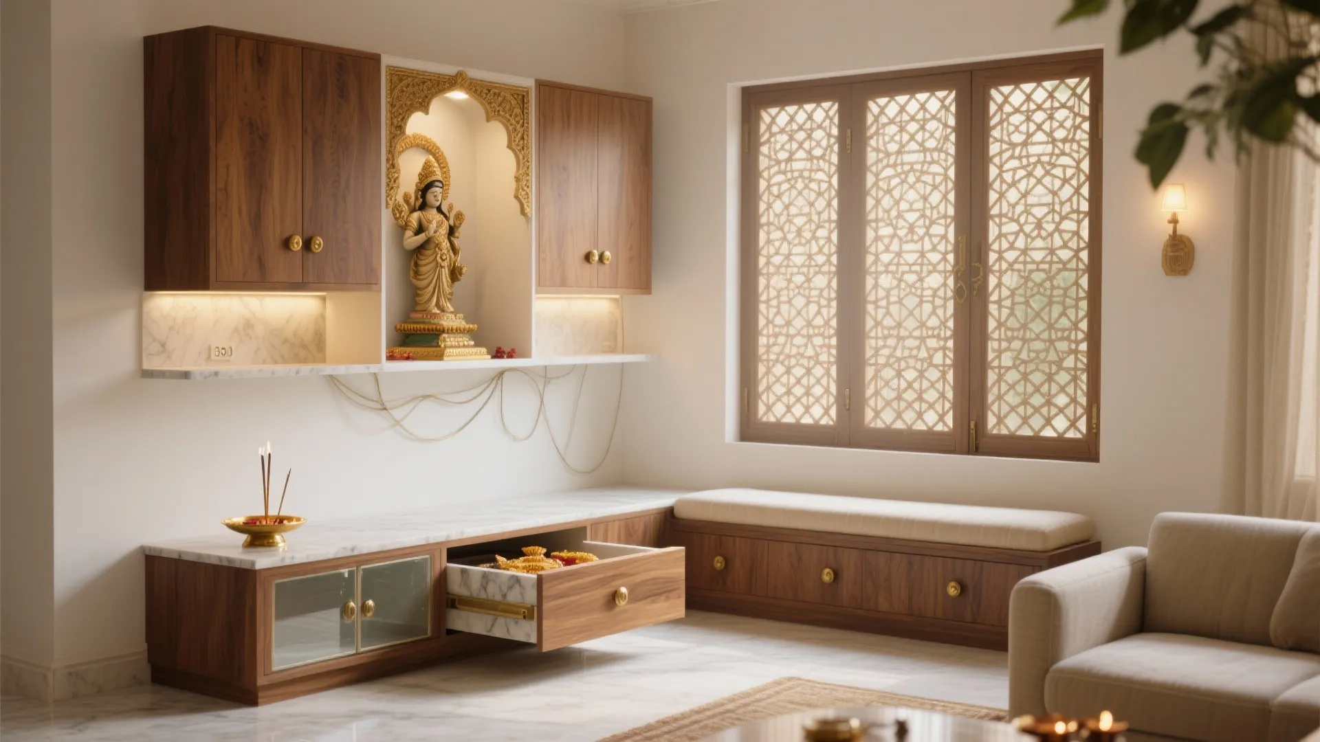 Corner mandir with an L-shaped base cabinet