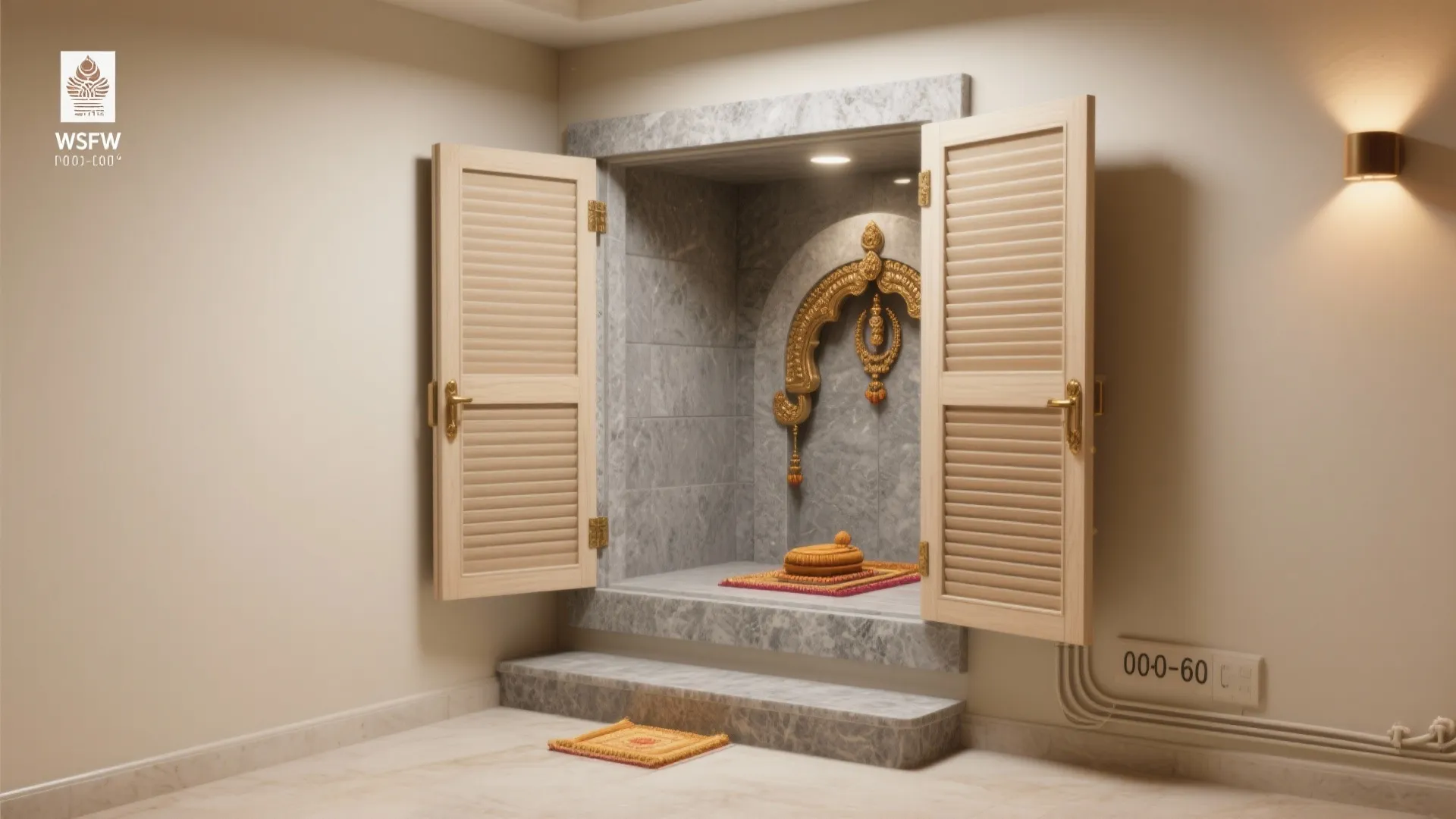 Small prayer room with grey marble frame open wooden doors gold wall decor and floor mats