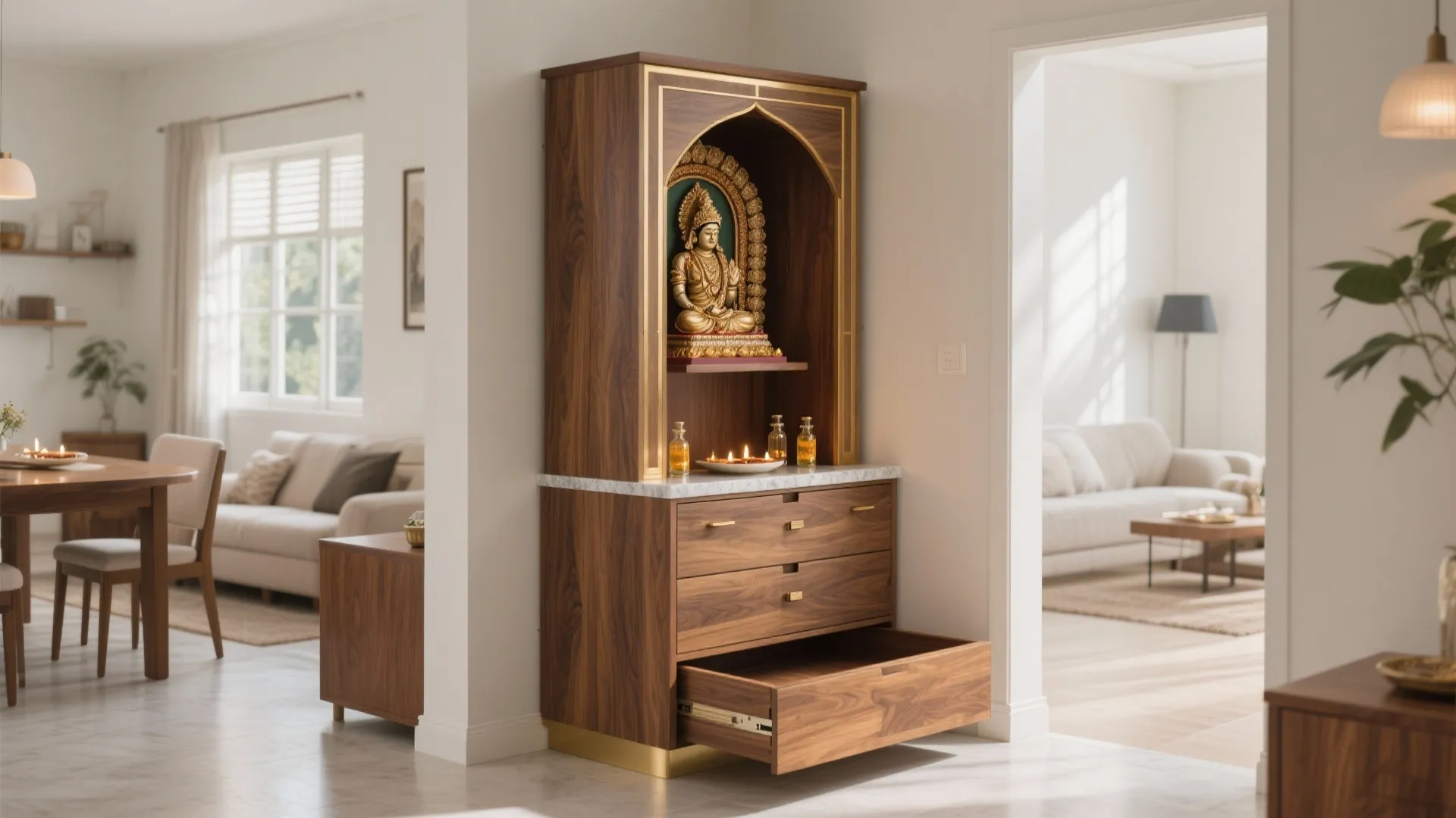 Tall wooden cabinet with statue placed in an open plan living room with white sofas