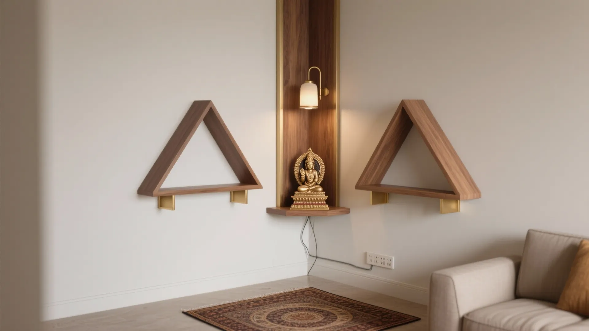 Living room corner with gold statue wall light triangle shelves rug and a comfortable sofa