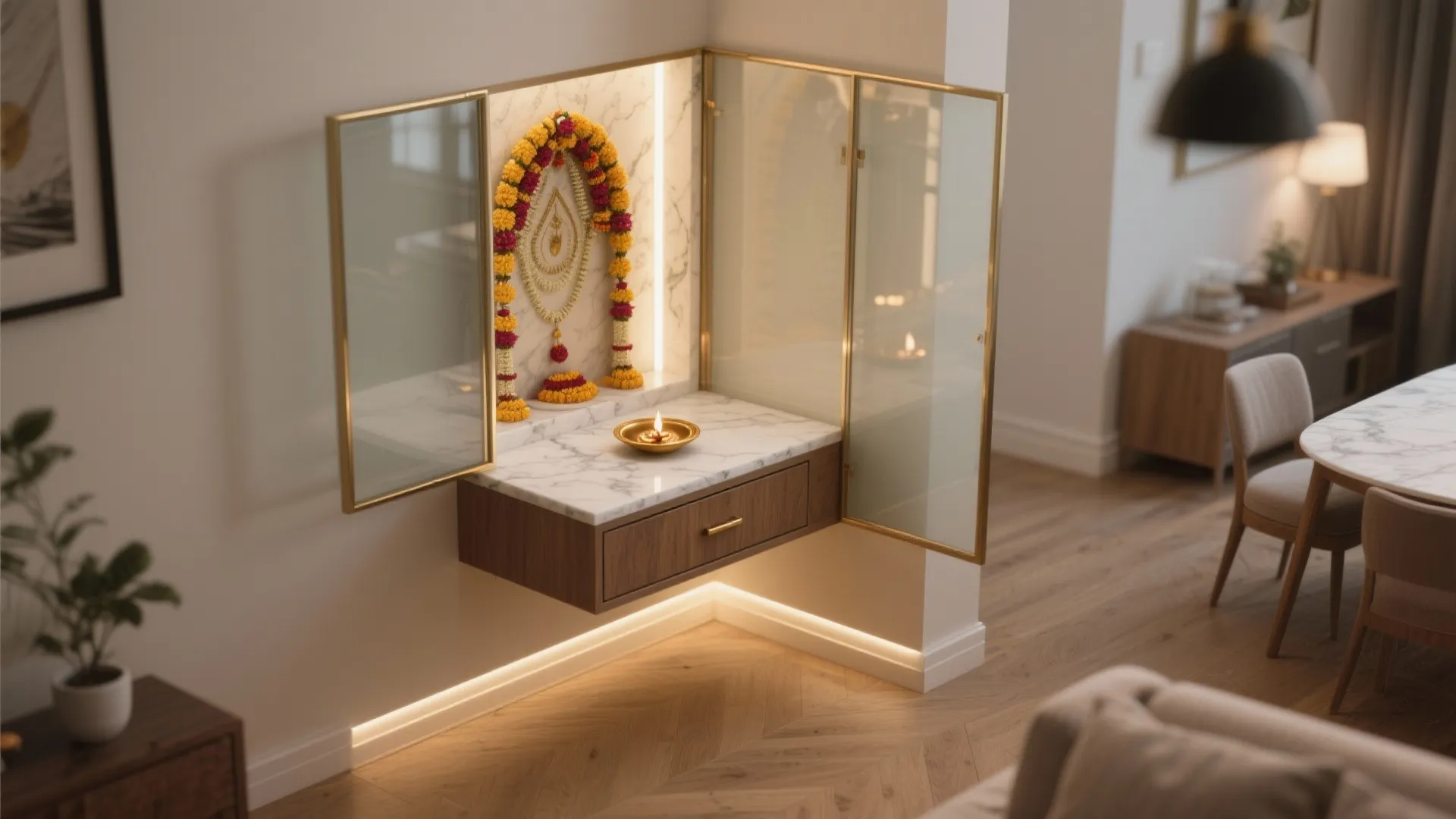 Corner glass mandir with frosted privacy for small apartments