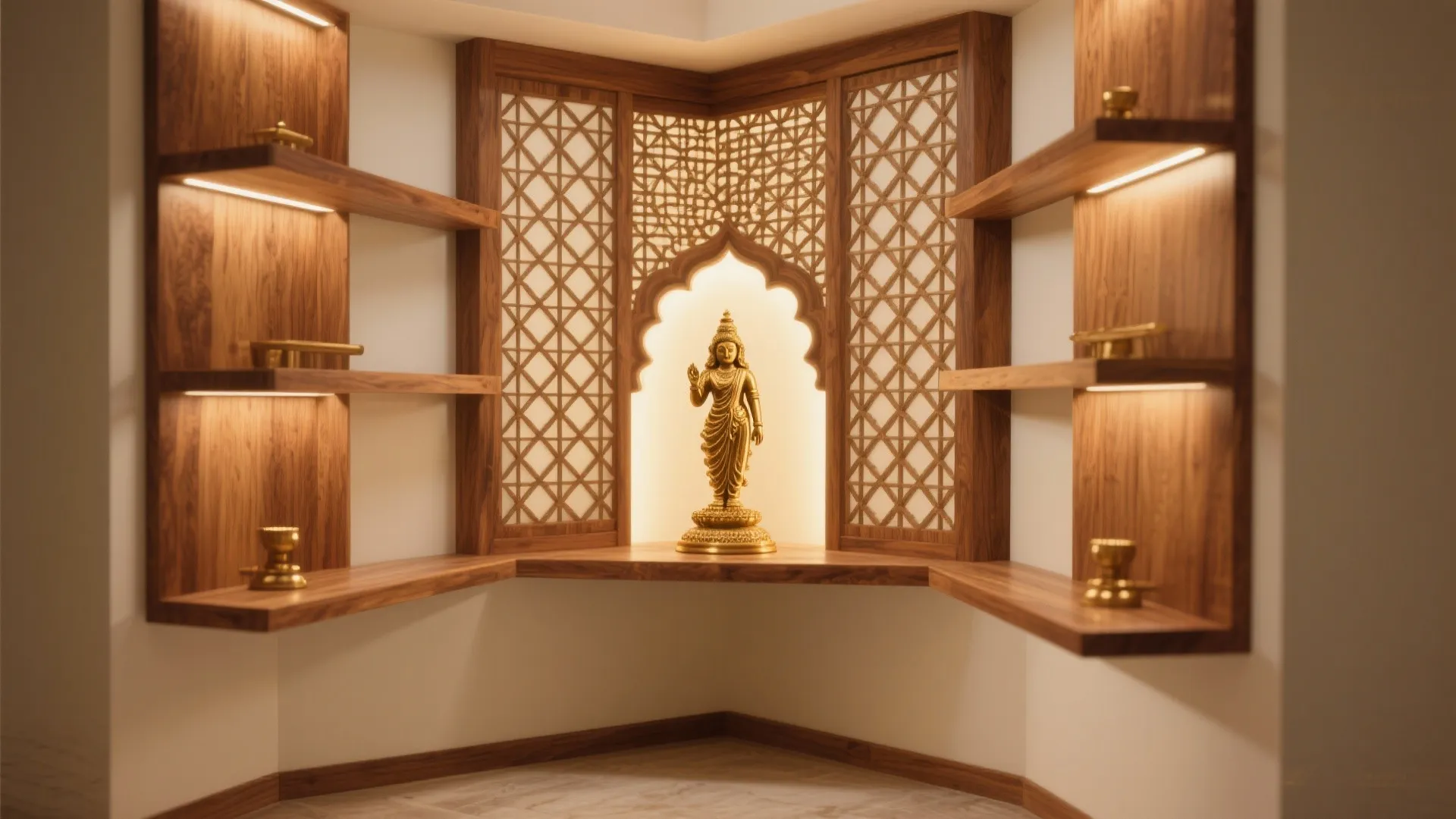 Floating corner mandir with lattice back