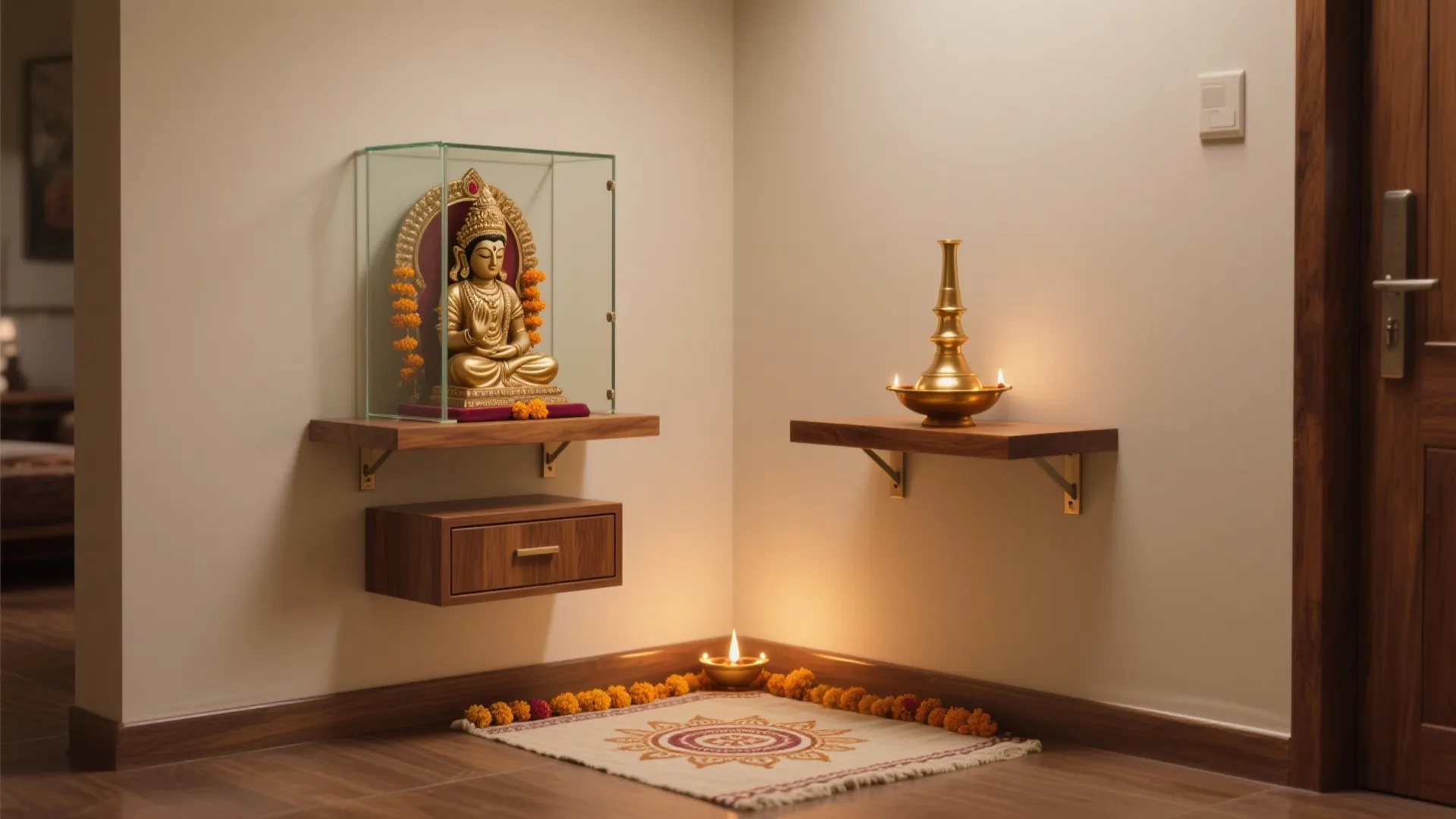 Corner mandir with floating shelves