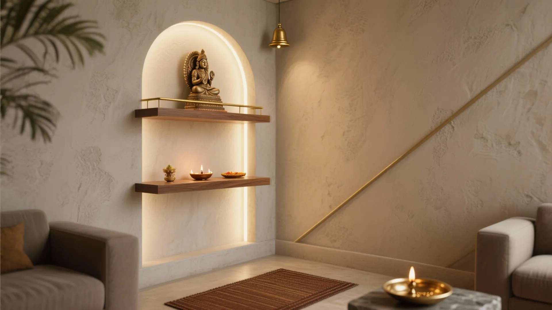 Corner Niche Mandir with Floating Shelves