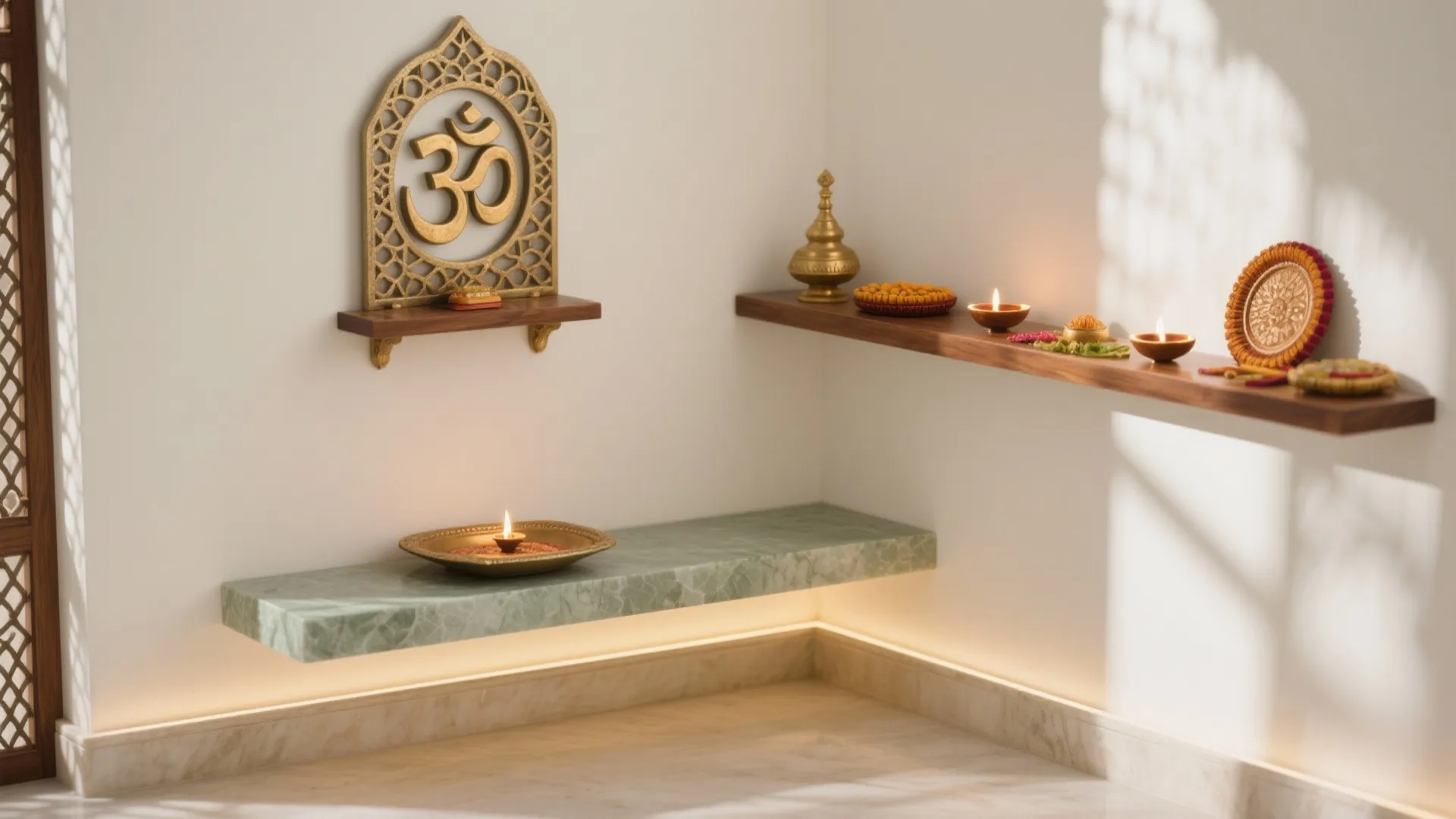 Compact Corner Mandir with L-Shaped Platform
