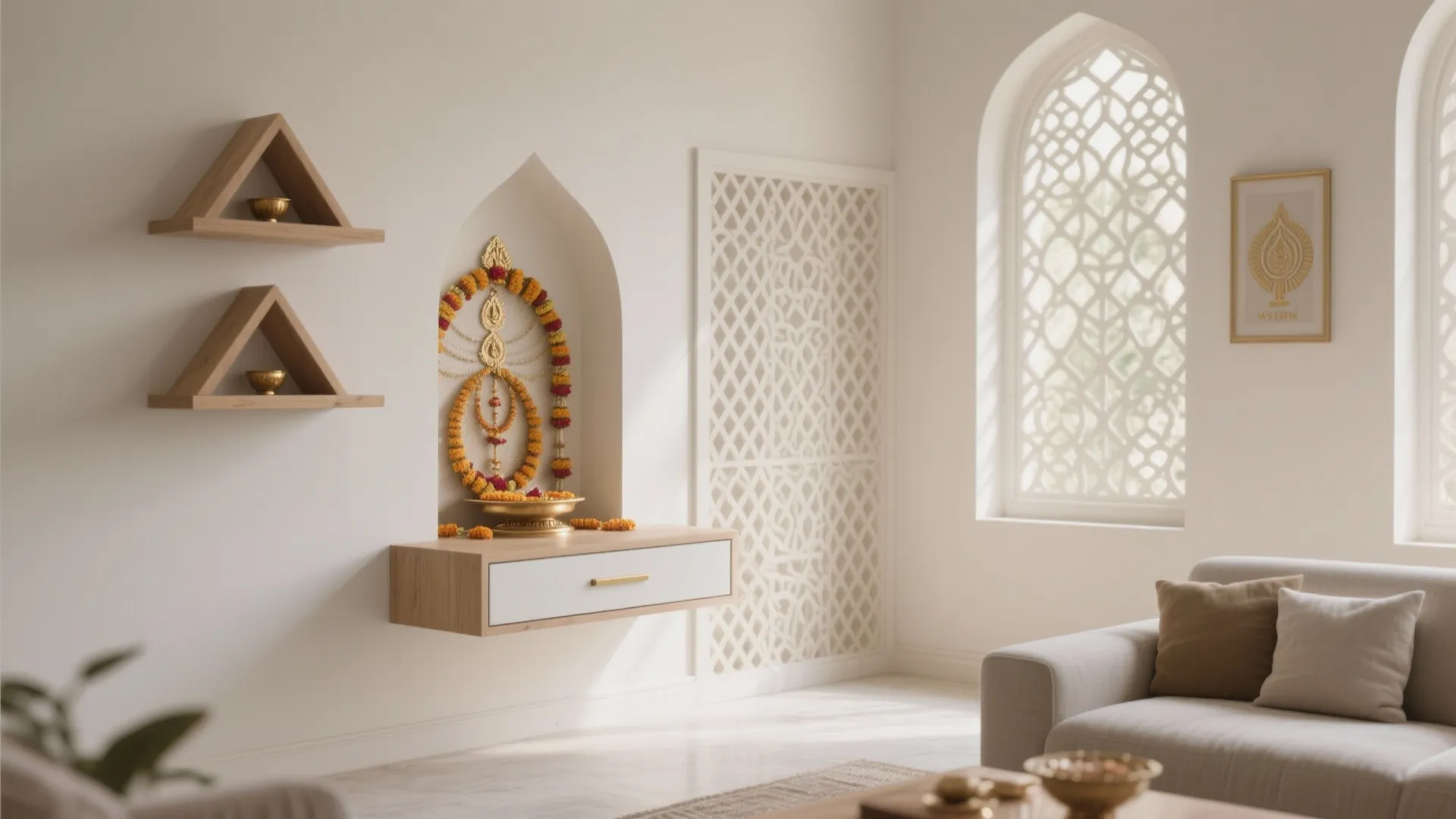 Modern white wall niche with wooden floating shelf and triangle wall shelves in living room