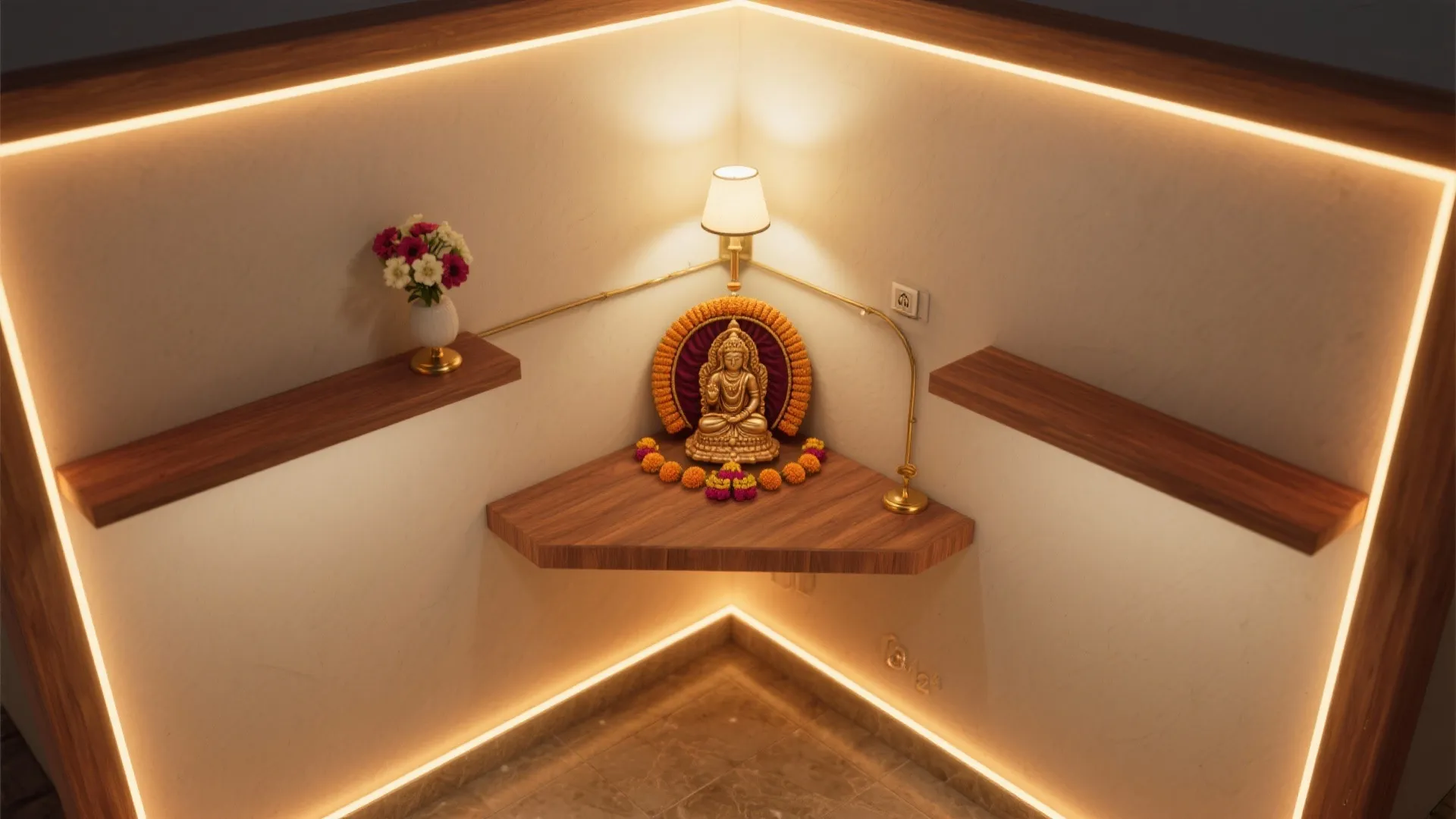 Corner mandir with L-shaped shelves