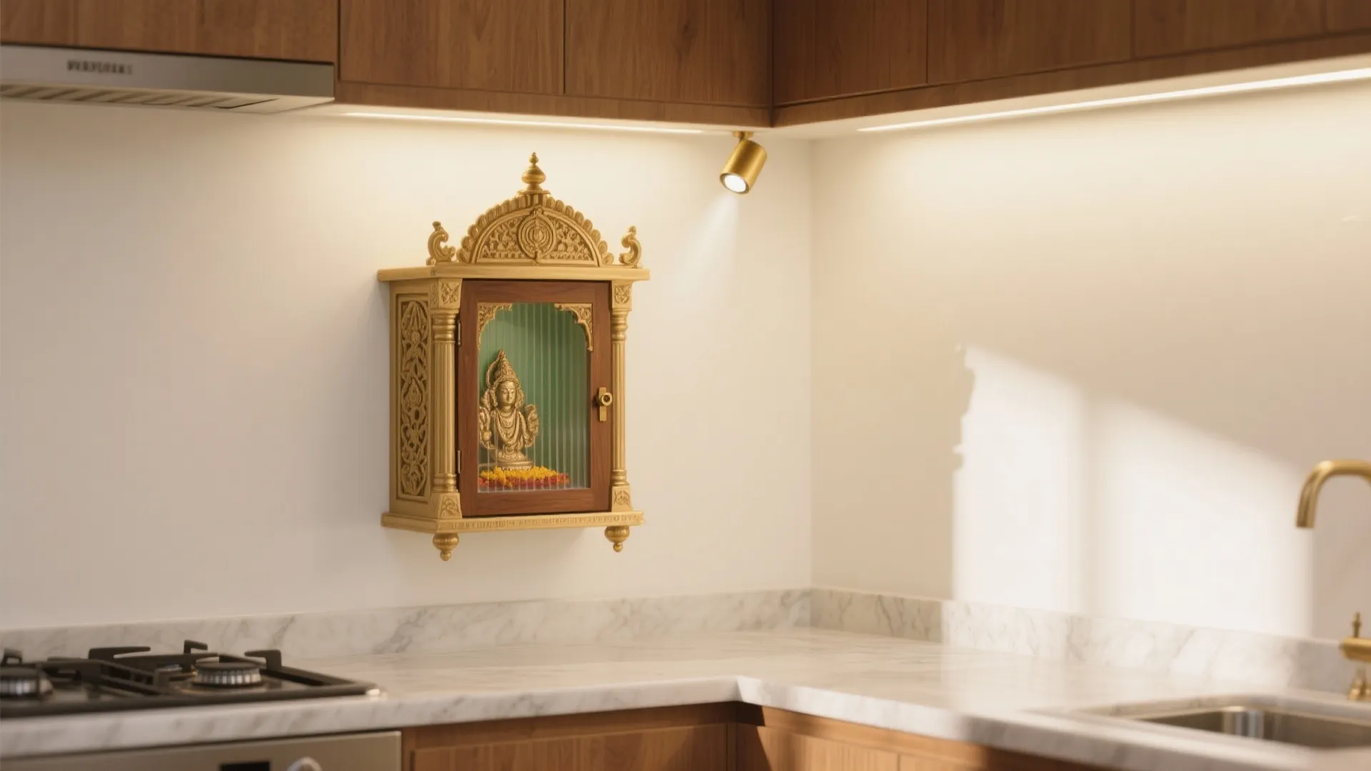 Small gold prayer shrine mounted on a white kitchen wall above a marble look countertop