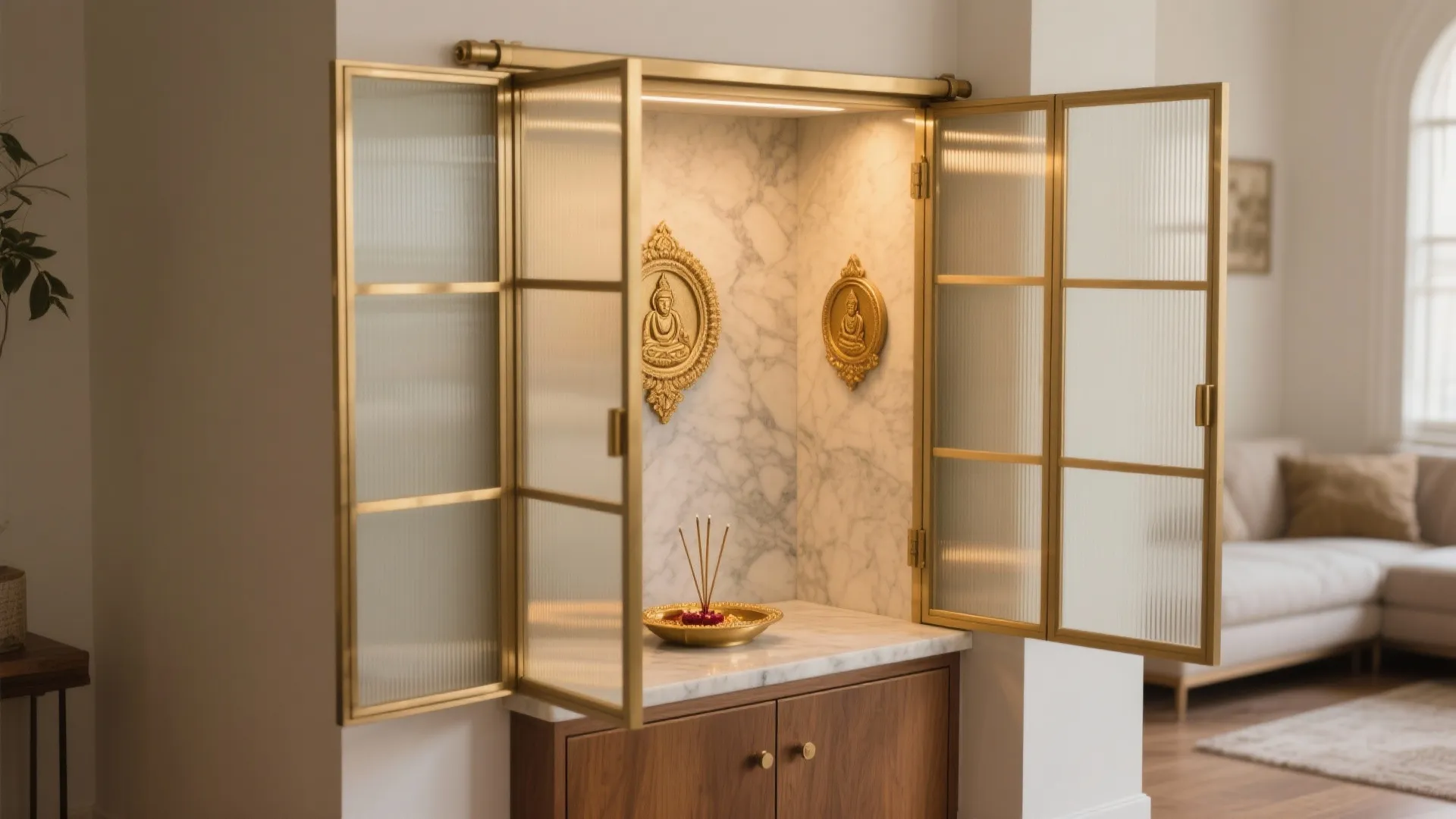 Compact corner mandir with matte brass-framed reeded glass sliding doors and a softly lit marble ledge.