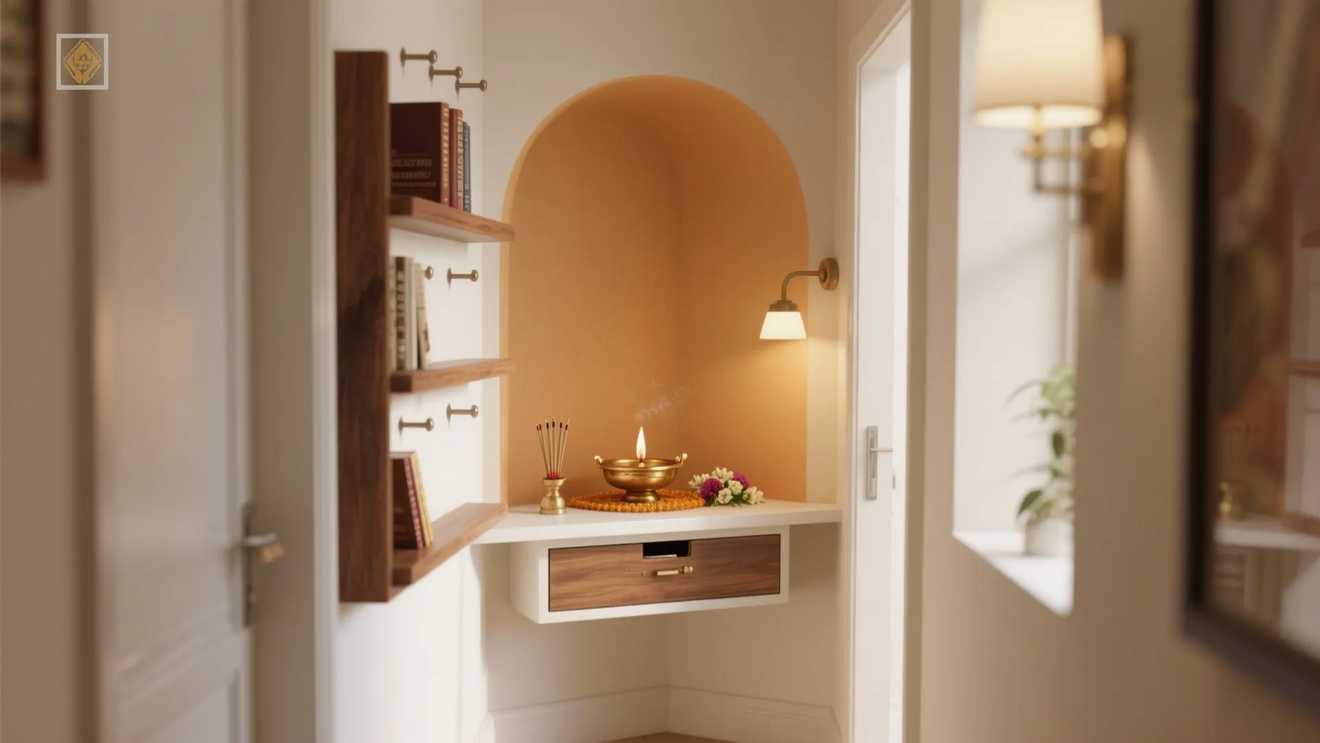 Compact corner mandir with shallow niche, floating shelf, concealed drawer, and peg rail for clutter-free storage.