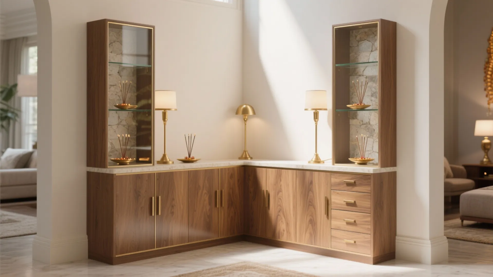 Corner wooden cabinet with glass display shelves and gold table lamps in a bright room