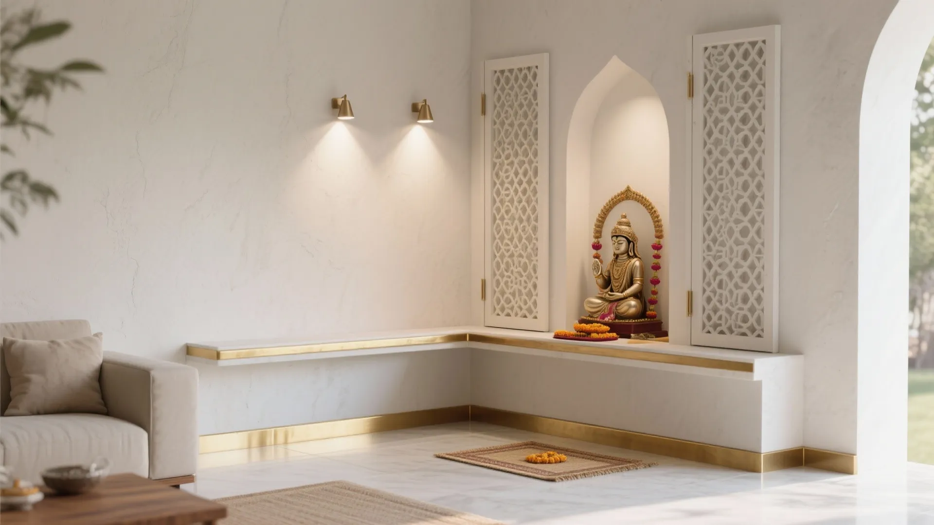 White marble prayer corner with a gold statue two wall lights and gold metal trim
