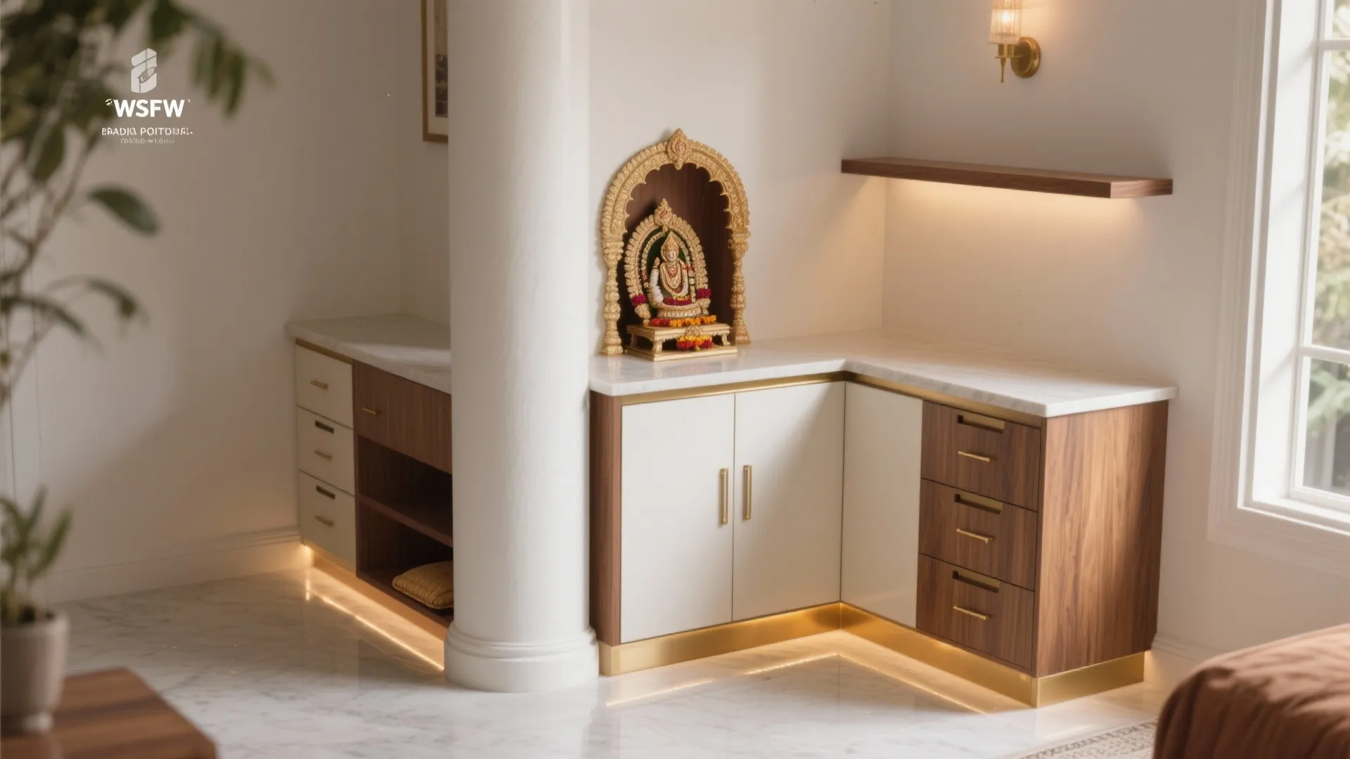 Corner mandir with an L-shaped base cabinet