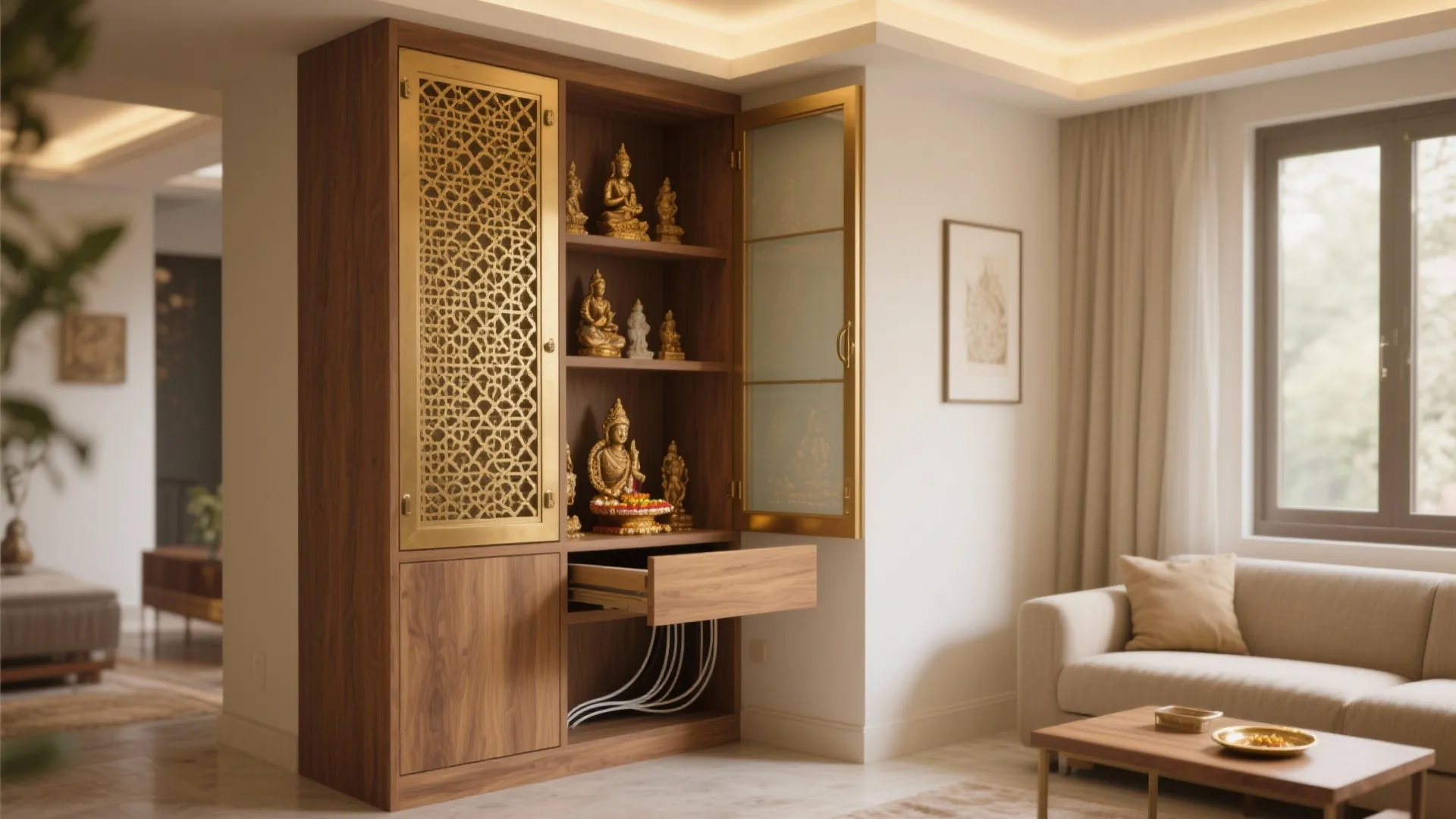 Compact Corner Pooja Cabinet with Sliding Doors