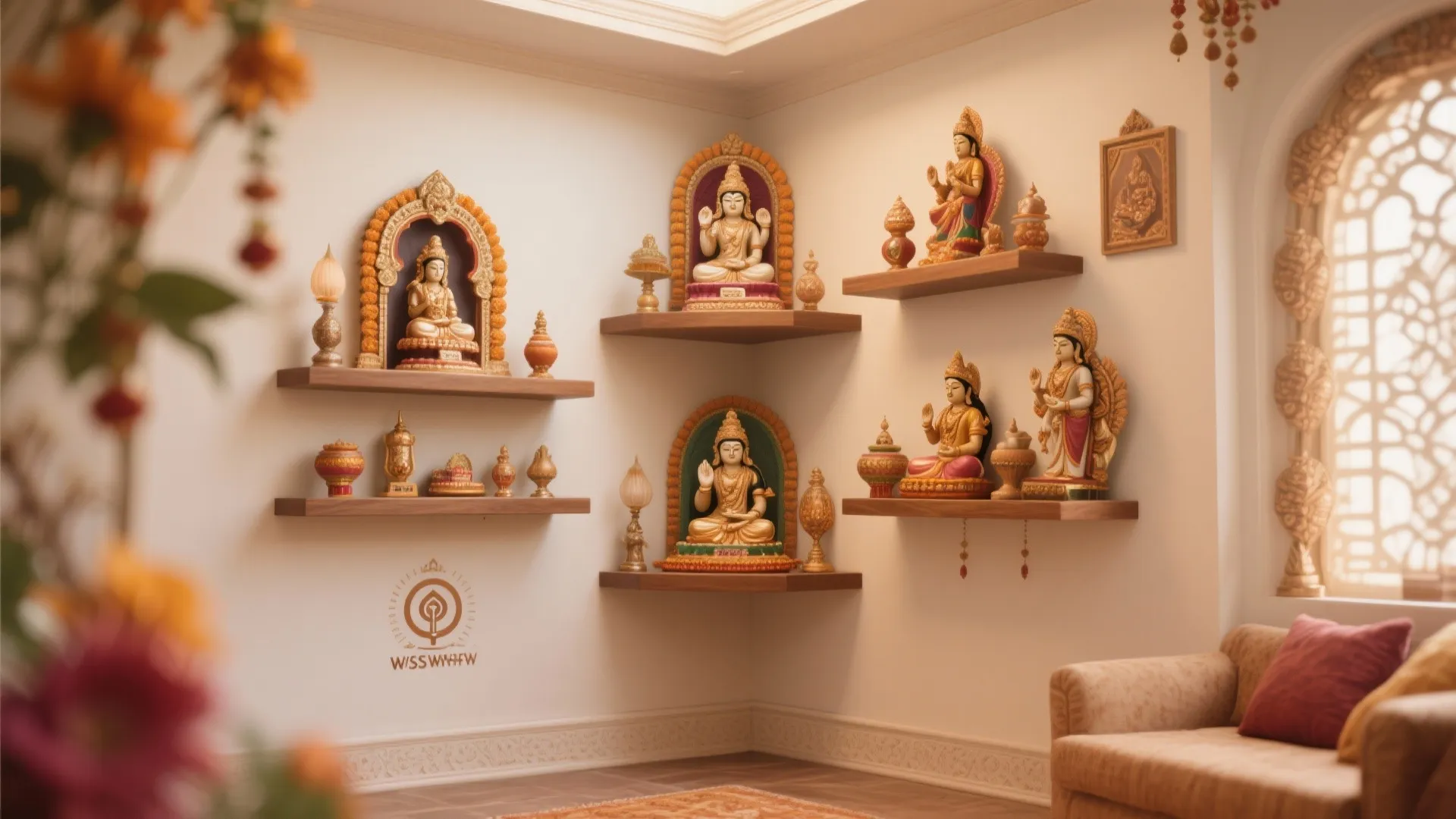 Corner prayer room with wooden wall shelves holding small statues beside a light brown sofa