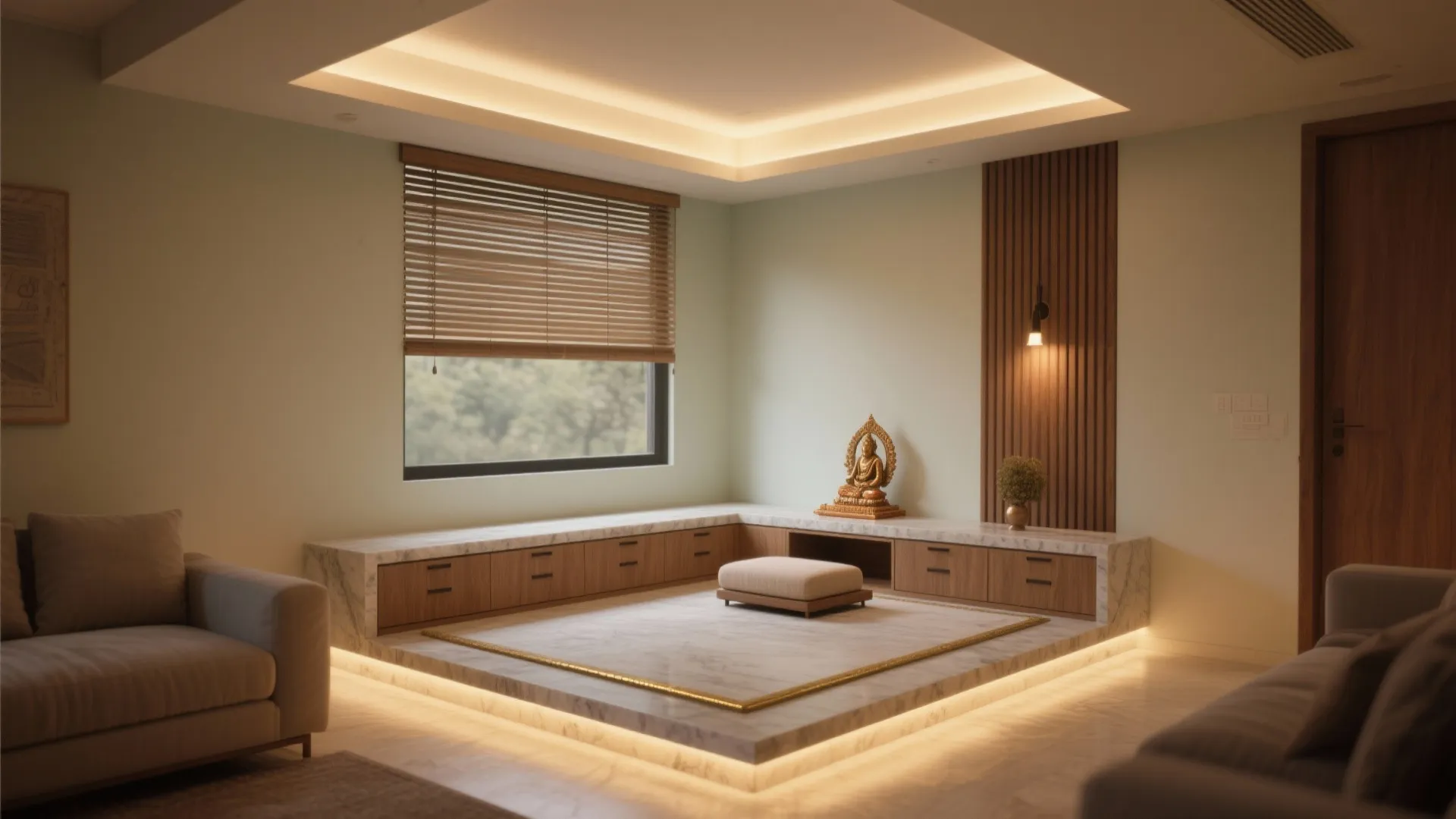 Corner Mandir with L-Shaped Platform and Seating