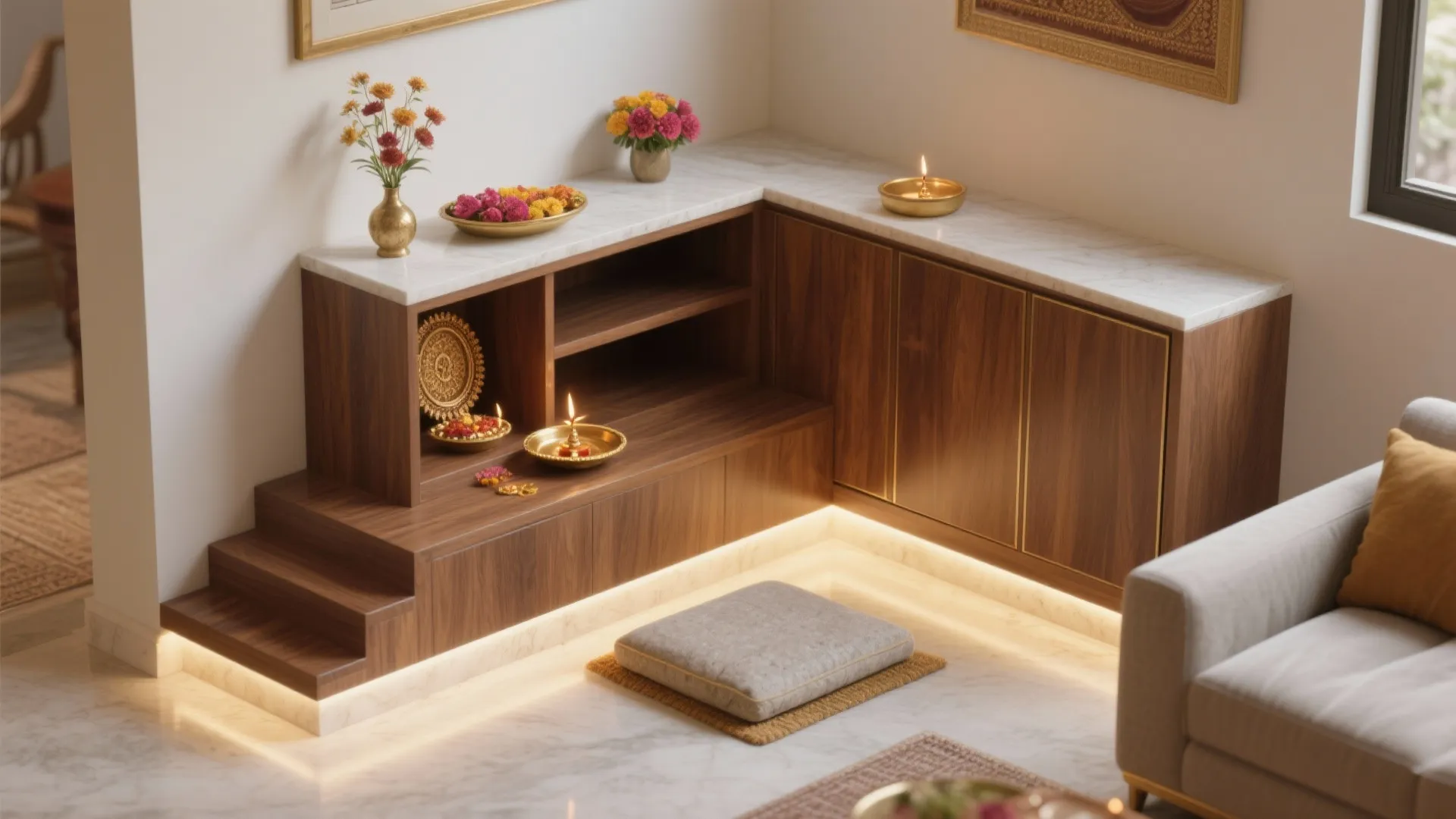 Corner Pooja Unit With L-Shaped Base