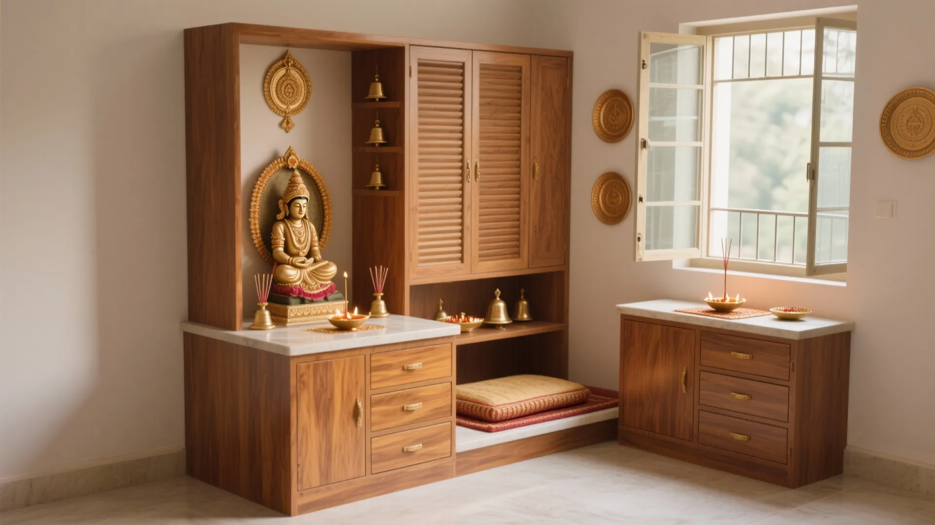 Corner mandir with L-shaped cabinetry