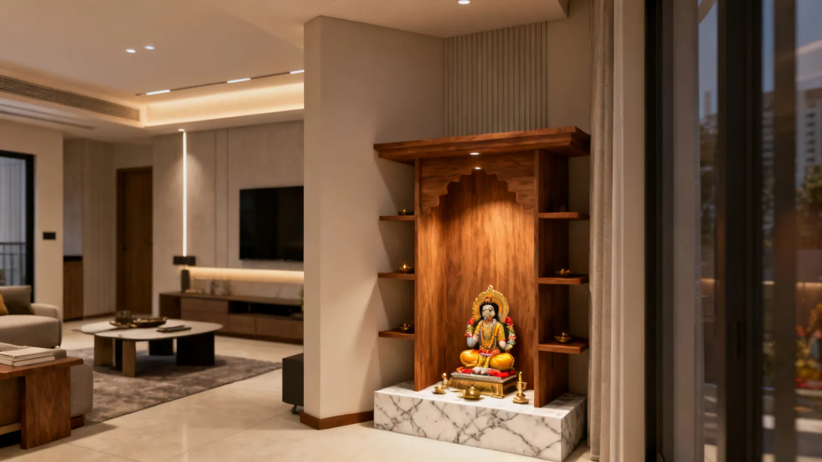 corner mandir layout with shelves and soft lighting in a small living room