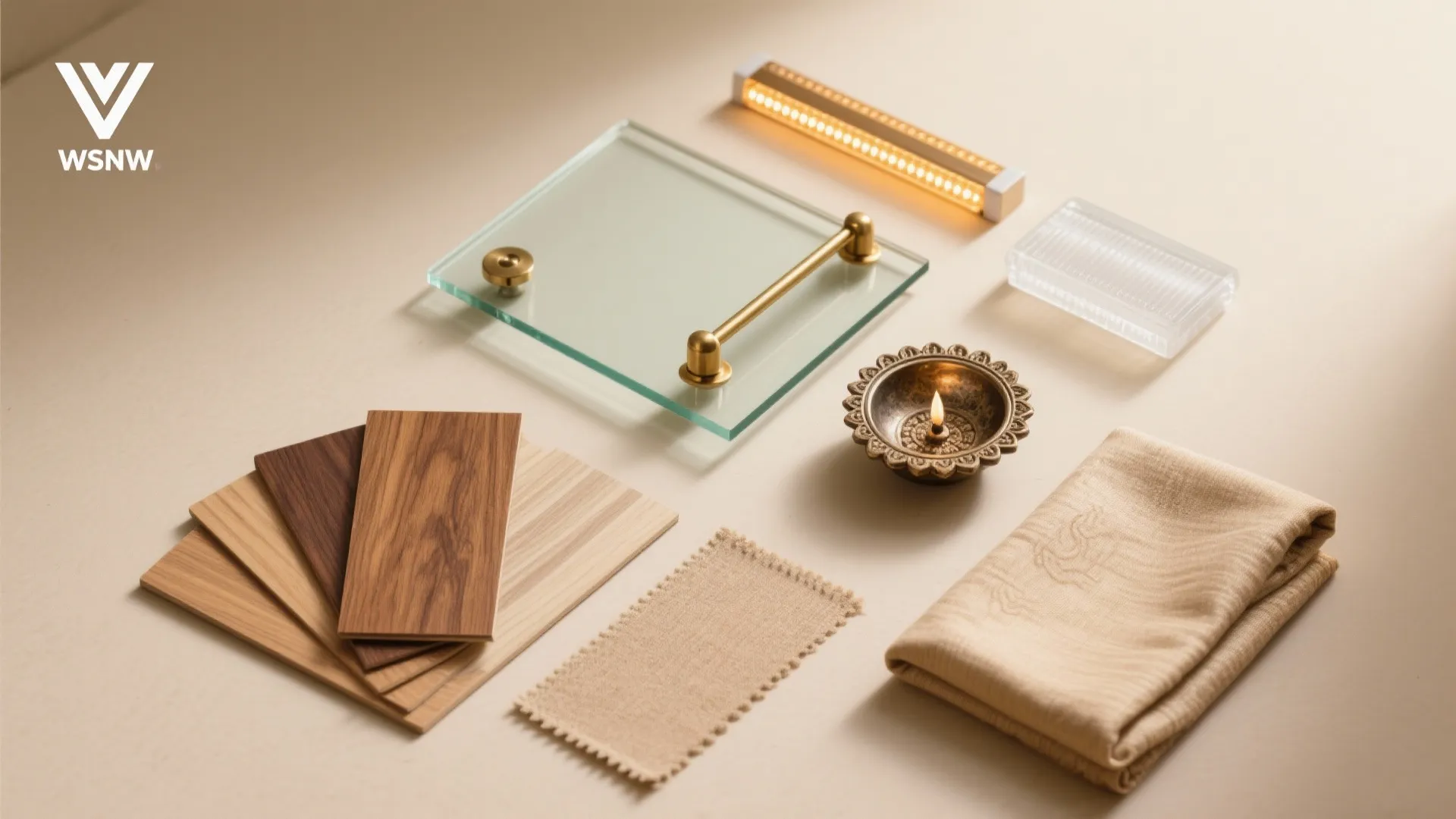 Interior design drawing board with wood samples glass handle fabric and a small light fixture