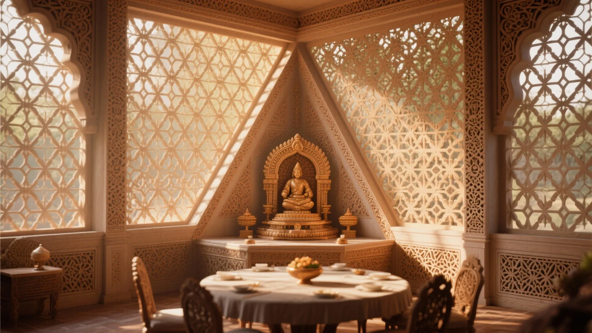 Traditional prayer room with carved wall screens gold statue round dining table and natural warm sunlight