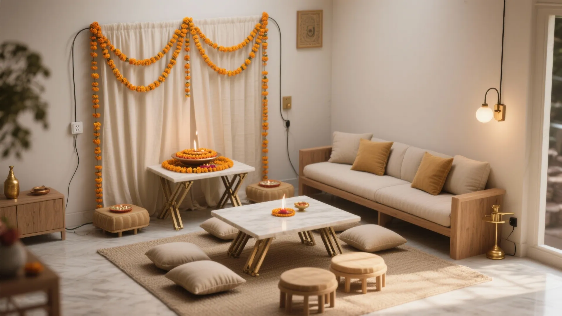 Compact Floor Plan: Corner Mandir with Foldable Seating