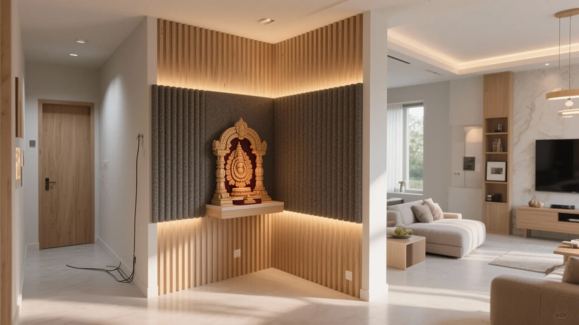 Corner mandir with acoustic partition