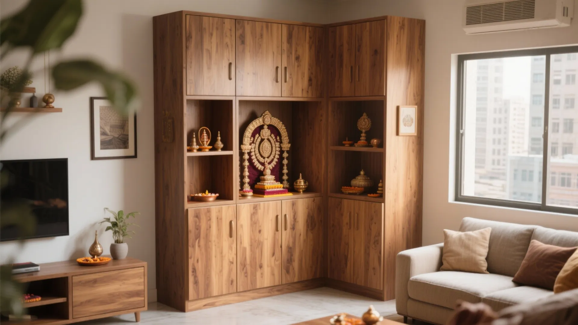 Corner Mandir with L-shaped Storage