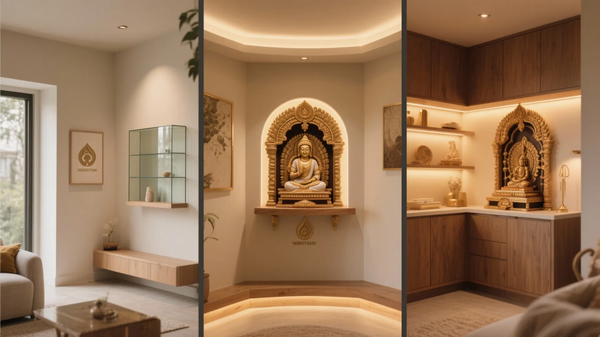 Three compact corner mandir styles in one cohesive home with warm layered lighting.