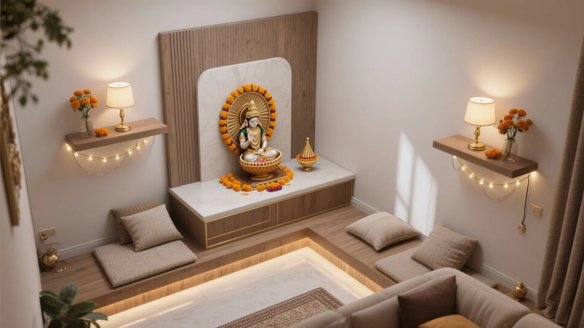 Space-smart corner mandir layout