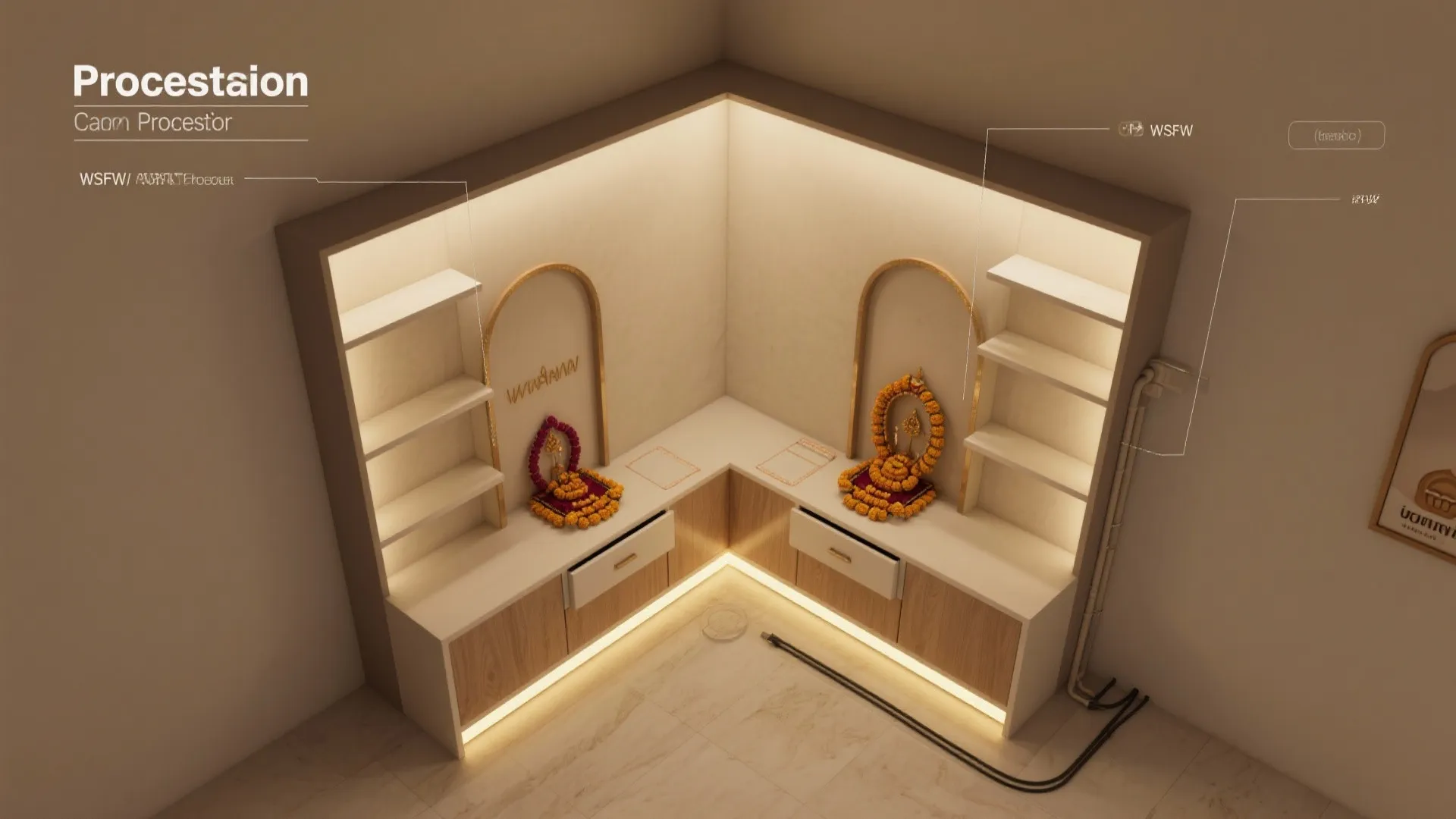 Top-down view of L-shaped shelves, hidden drawer, and LED layout for a corner mandir.