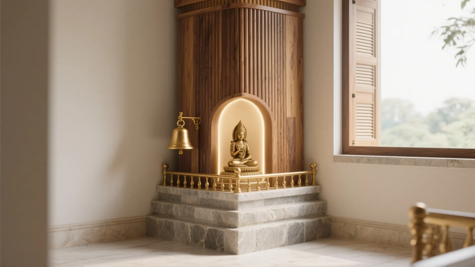 Wooden corner prayer area with golden statue in lit niche, marble steps, and hanging bell
