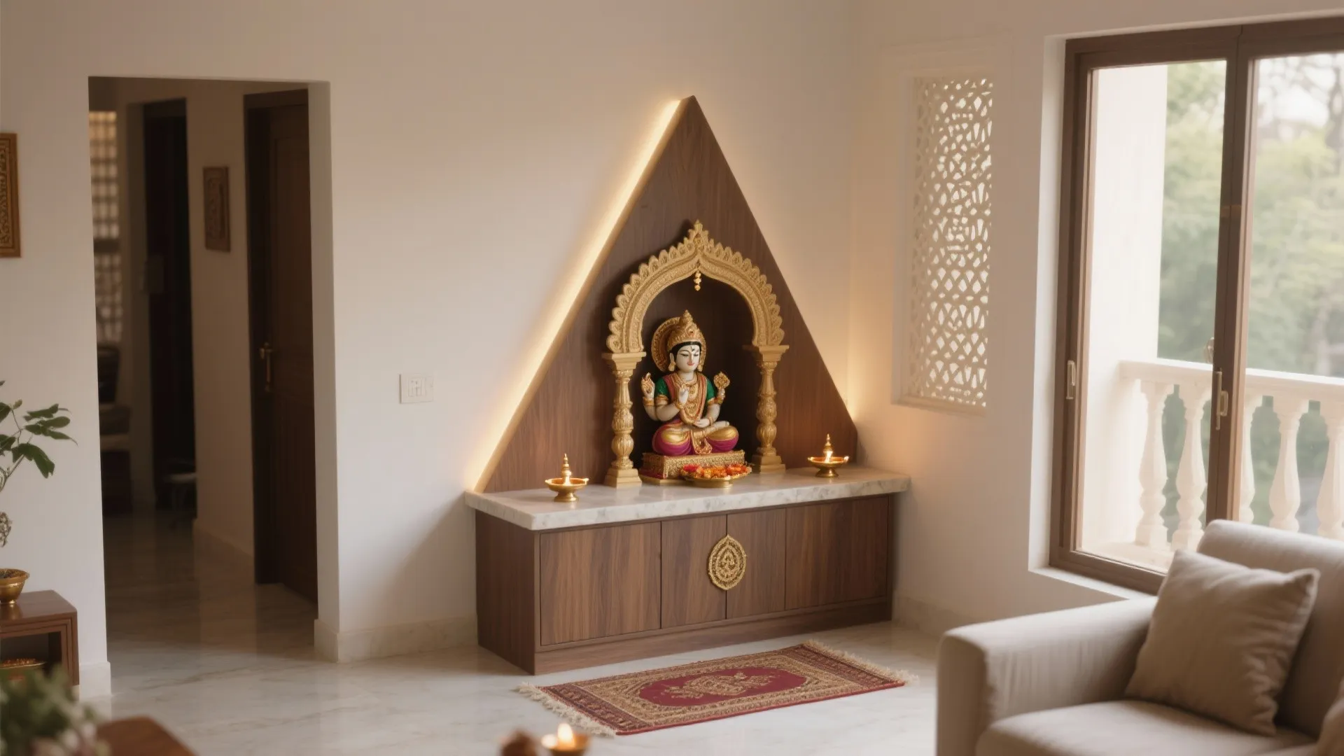 Triangle shaped wood wall panel with gold statue on marble cabinet in a bright room