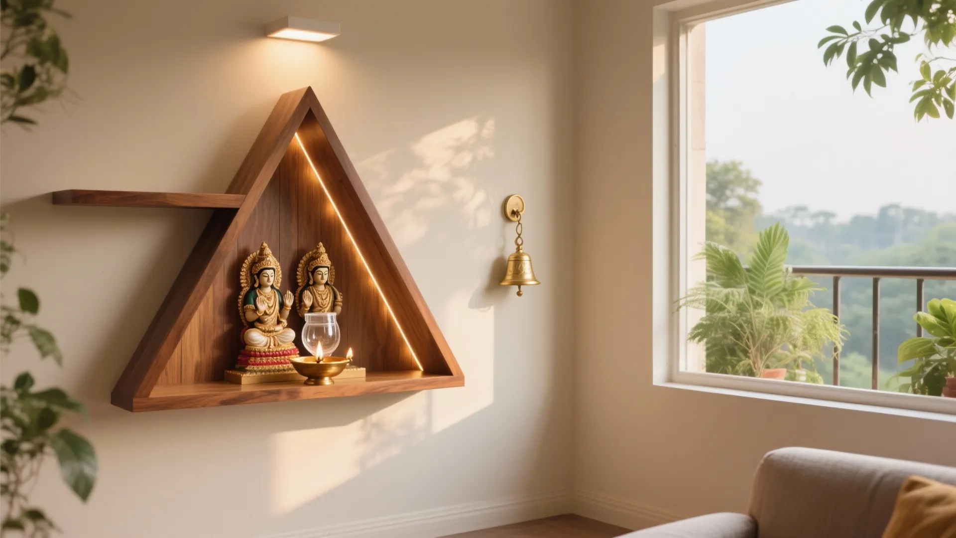 Triangular wooden wall shelf with religious statues and a small light near a bright window