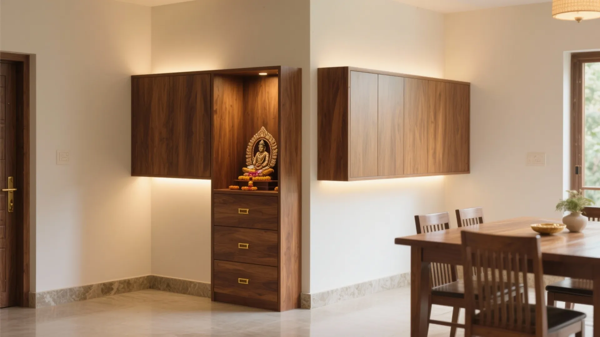 Corner or L-Shaped Wooden Pooja Nook with Smart Ergonomics