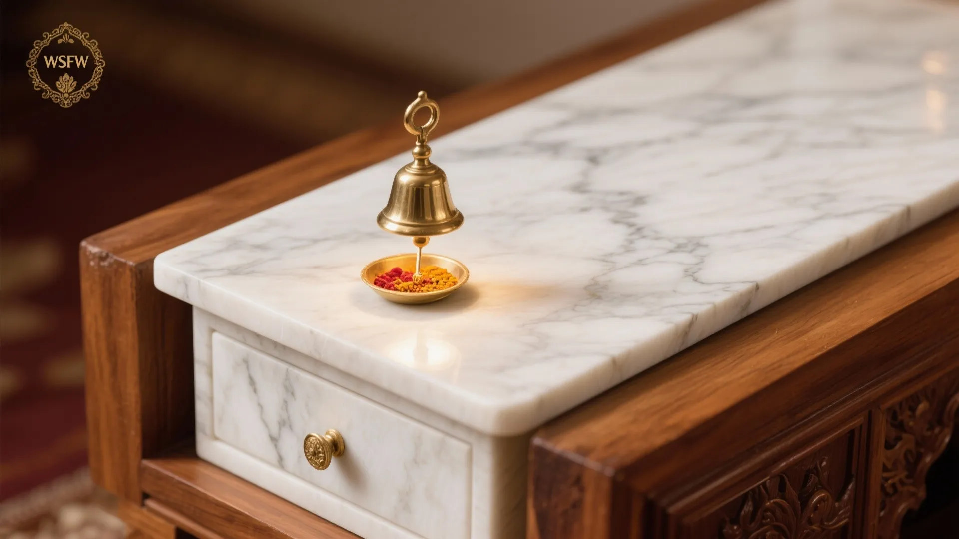 Corner pooja alcove with asymmetric TV composition