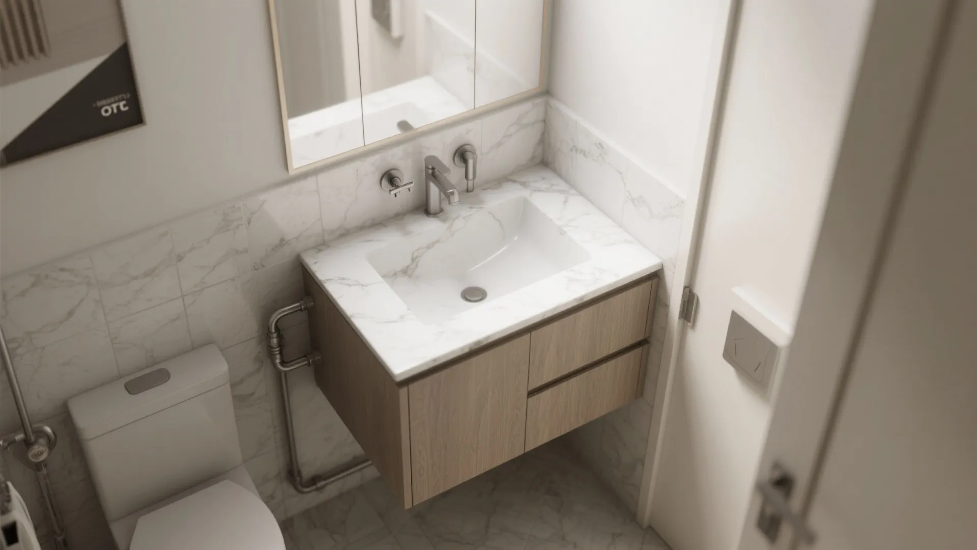 4. Compact Corner Vanity Using a Marble Triangle Top