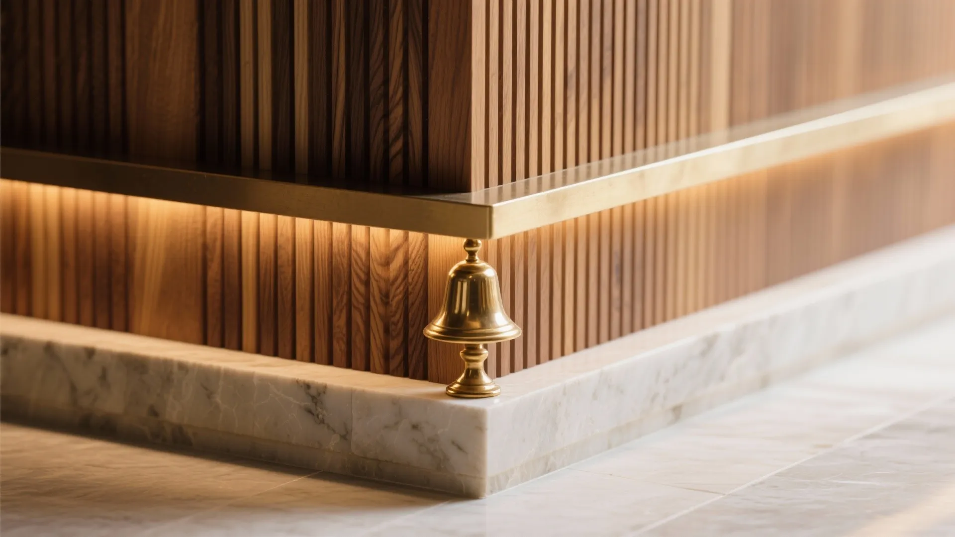 Wall panel corner with vertical wood strips gold metal rail warm light and marble base