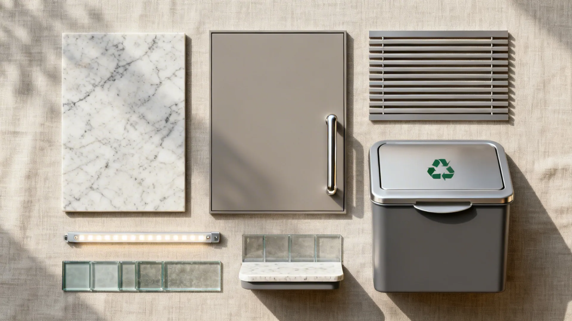 Flat lay of quartz, cabinet finish, hardware, tambour sample, glass swatch, LED, bin lid, and sink ledge accessory.