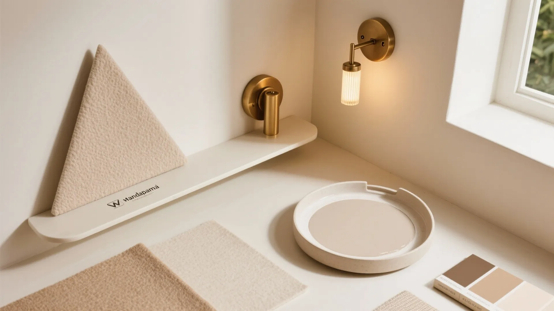 Interior design mood board with fabric samples gold wall light small shelf and color paint swatches