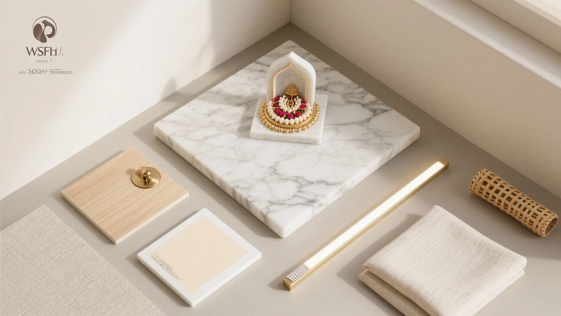 Flatlay of sintered stone, oak veneer, brass hardware, warm white paint, linen, and LED strip samples.