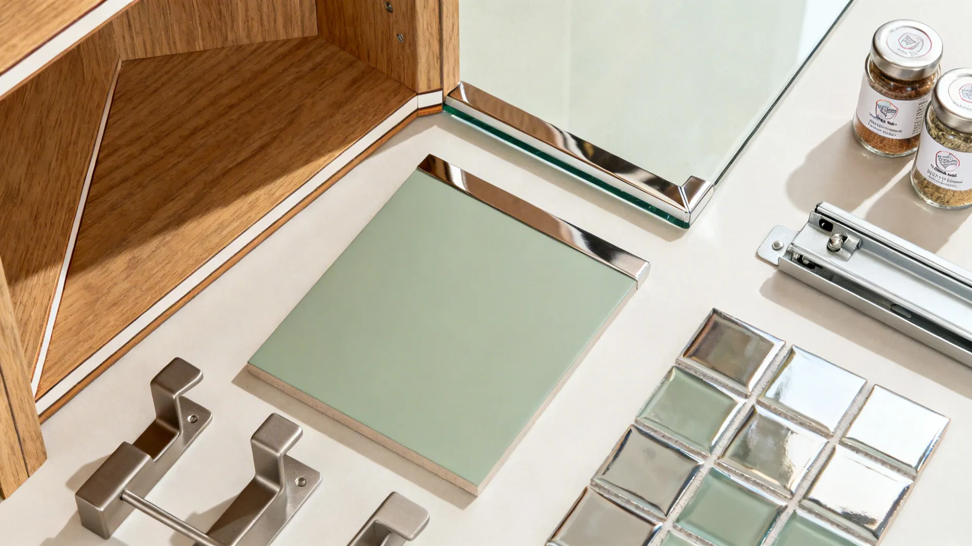 Top-down flat lay of oak, glass, reflective tile, brackets, and soft-close hardware for corner shelves.