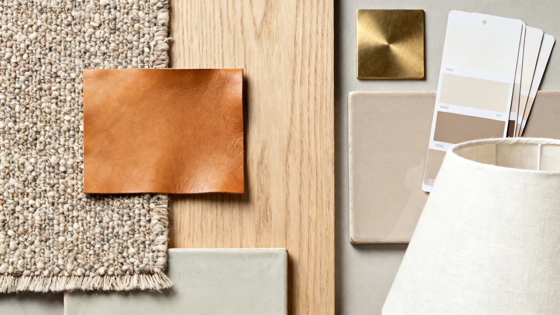 Flat-lay of boucle and leather swatches, oak wood, ceramic, brass, and neutral paint chips.