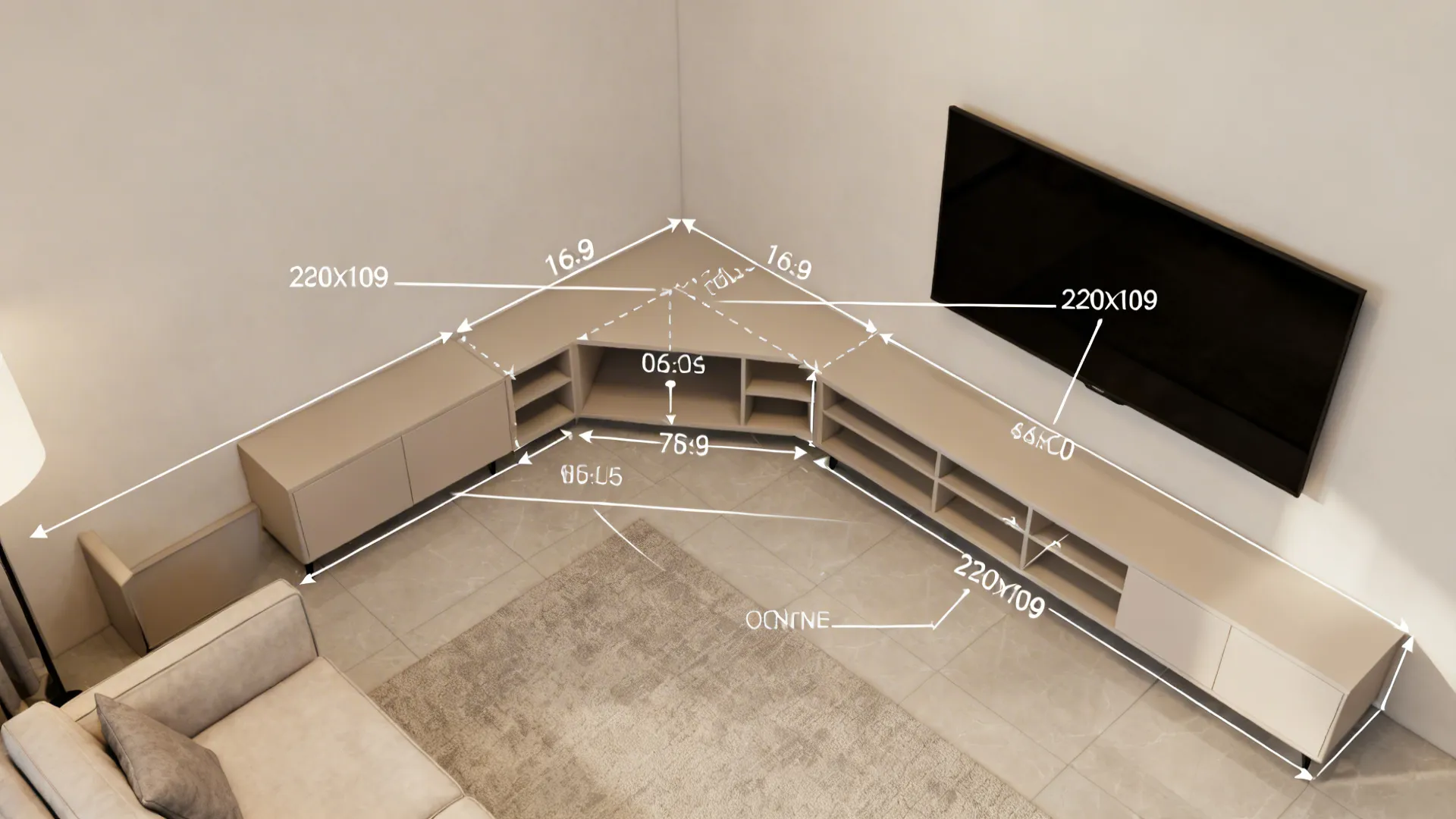 Interior design drawing showing measurements for a long corner cabinet underneath a wall mounted television