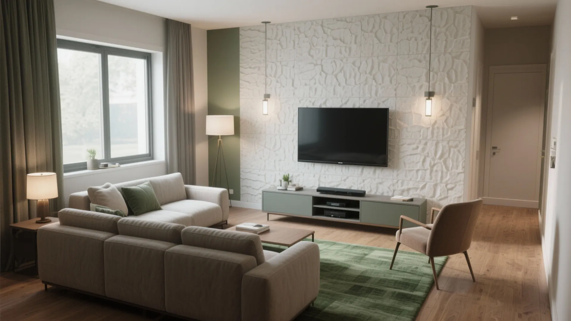 Contemporary living room featuring a wall mounted television green cabinet floor lamp and textured wall panel